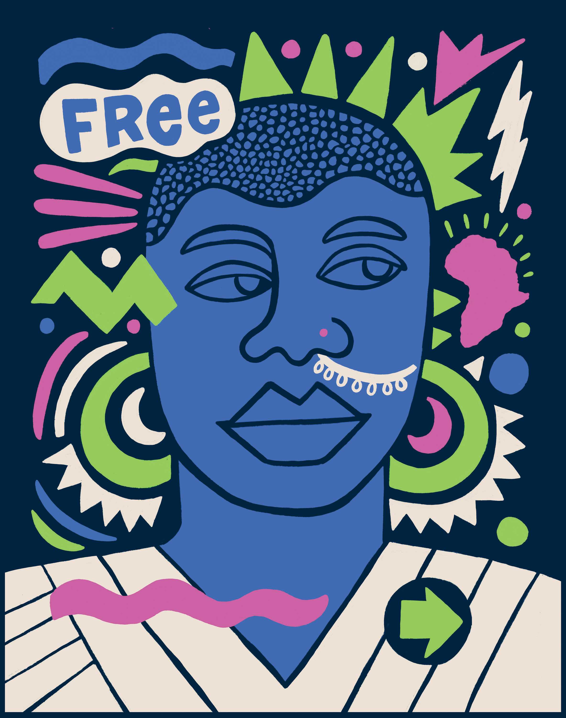 Color poster of man with blue head  and colorful forms in the background.  The word FREE is written on the top left.
