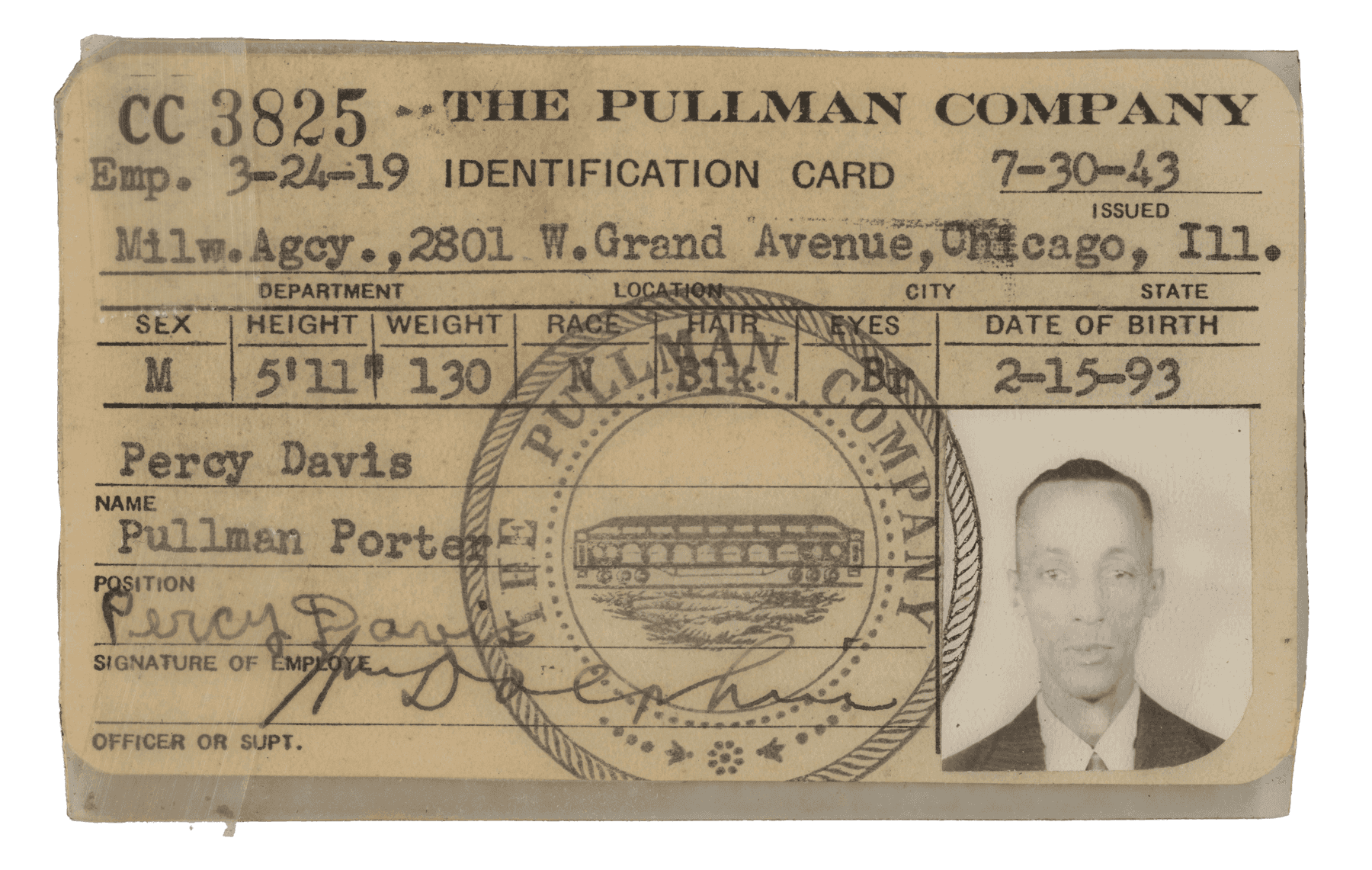 A laminated Pullman Company identification card of Percy Davis, which includes a photo of Davis in the bottom right corner.