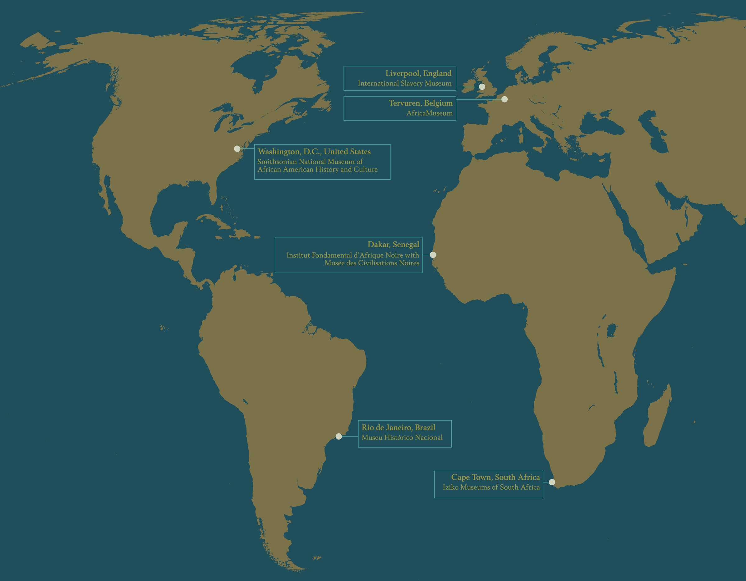 A blue map of North and South America, Europe and Africa. Specific cities, like Capetown, Liverpool, and Dakar are marked.