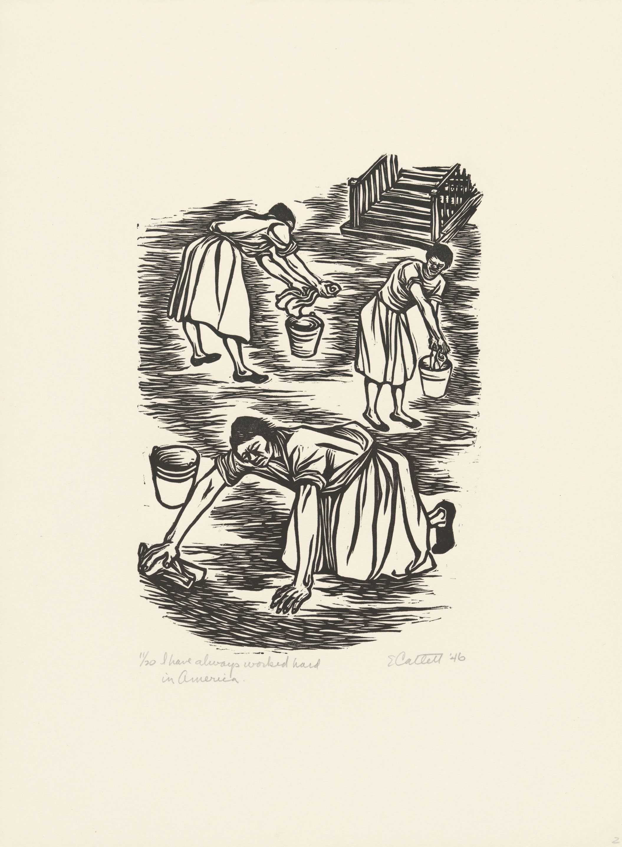 Black and white linocut of three women cleaning: one scrubbing floor, others wringing rags over buckets.