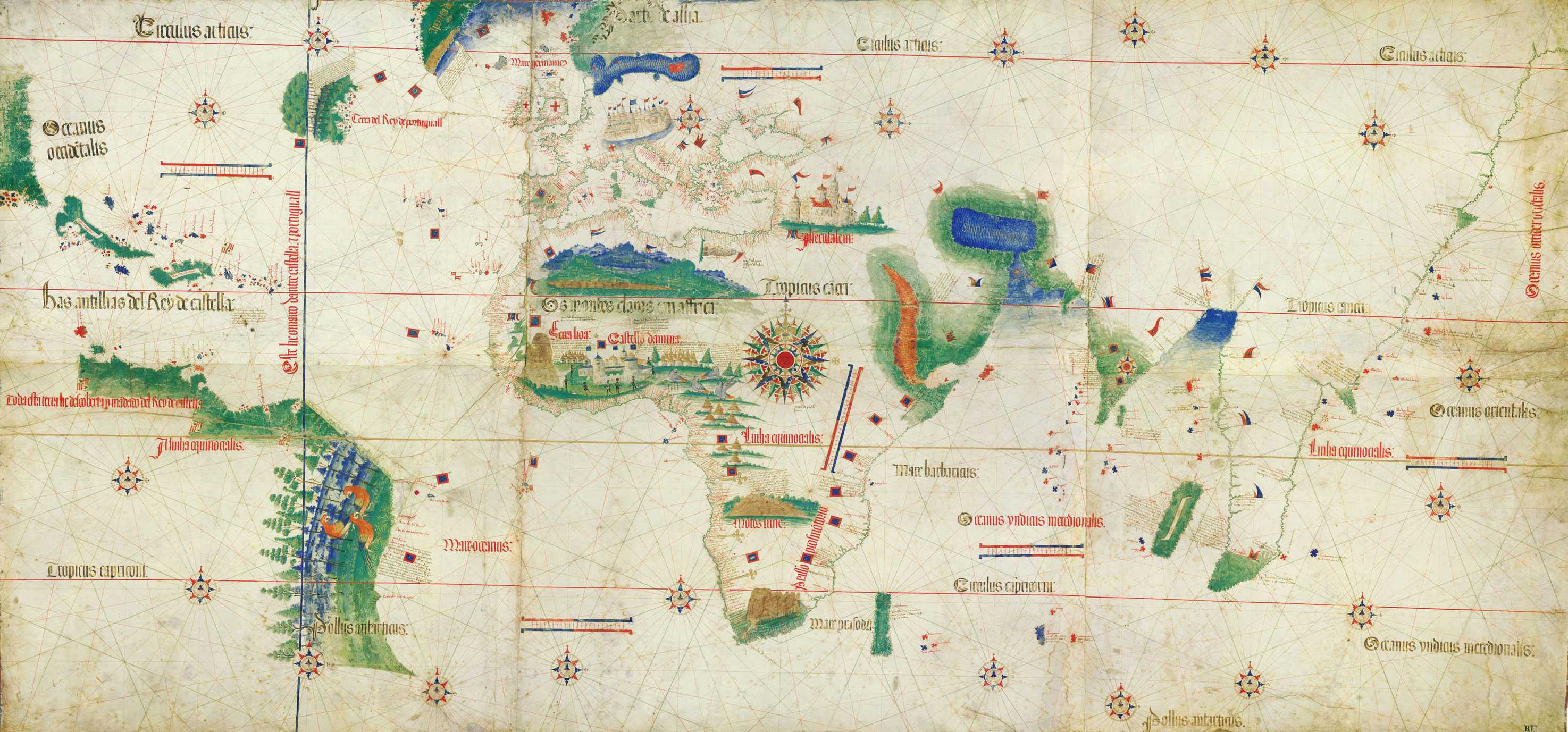 A map of the continents that centers West Africa. Areas on the map are shaded green with different scenes.