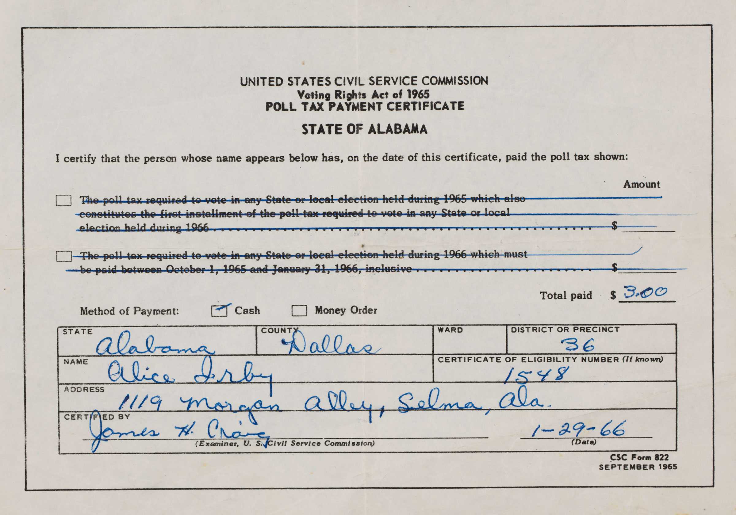 Poll tax certificate issued to Alice Irby of Selma, AL, confirming payment of $3 under the Voting Rights Act of 1965. Signed by John H. Craig, January 29, 1966.