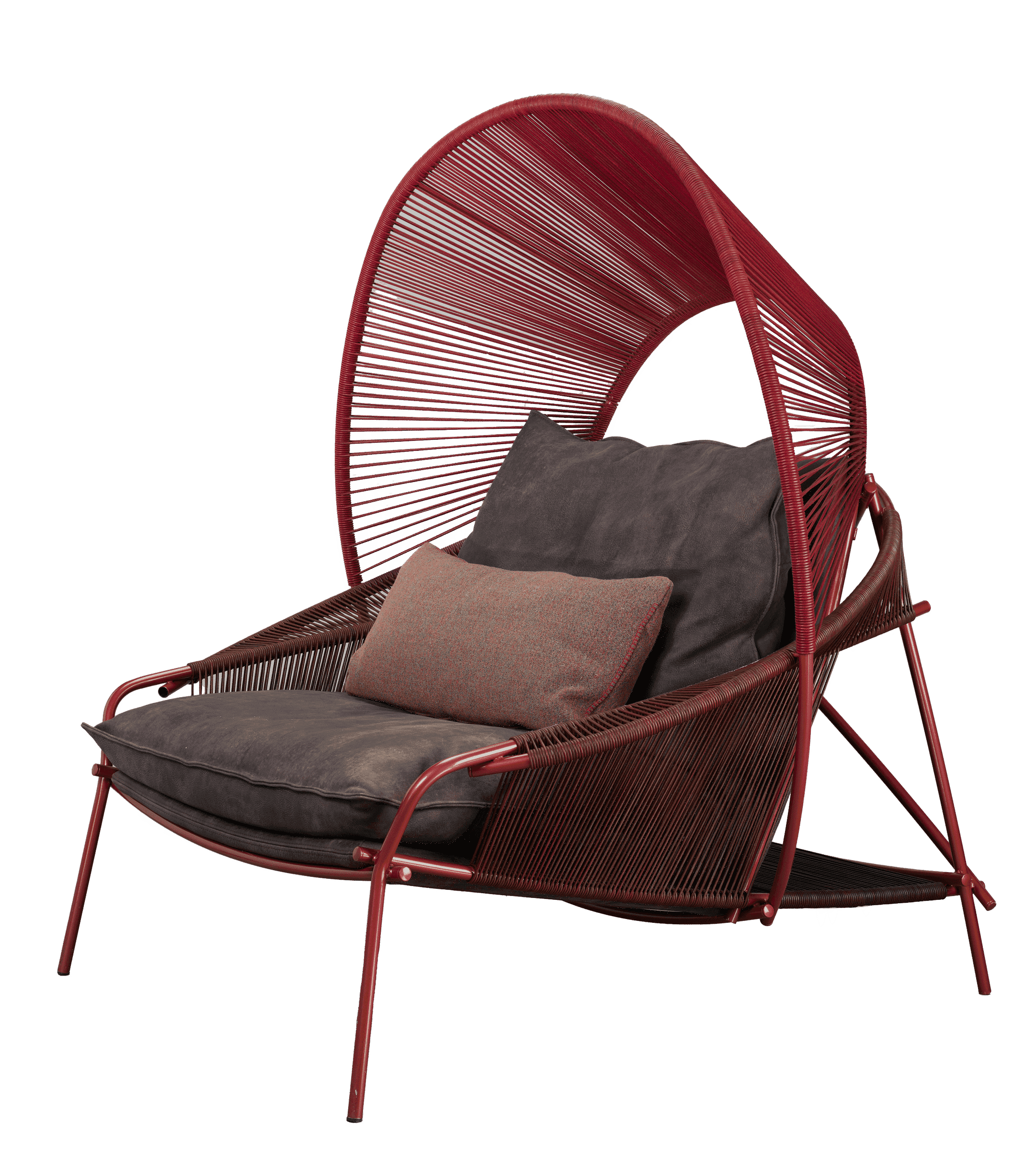 Modern wicker peacock chair with cushions against a grey background