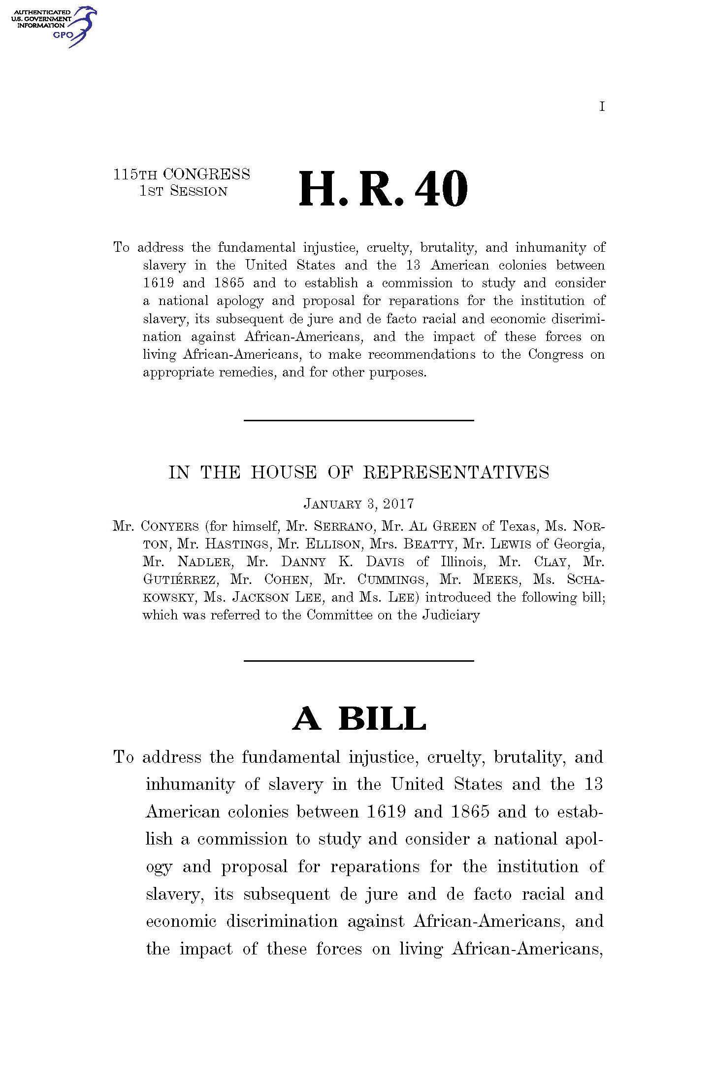 The cover for H.R. 40 bill. It has 3 paragraphs dated January 3, 2017 by the 115th Congress.