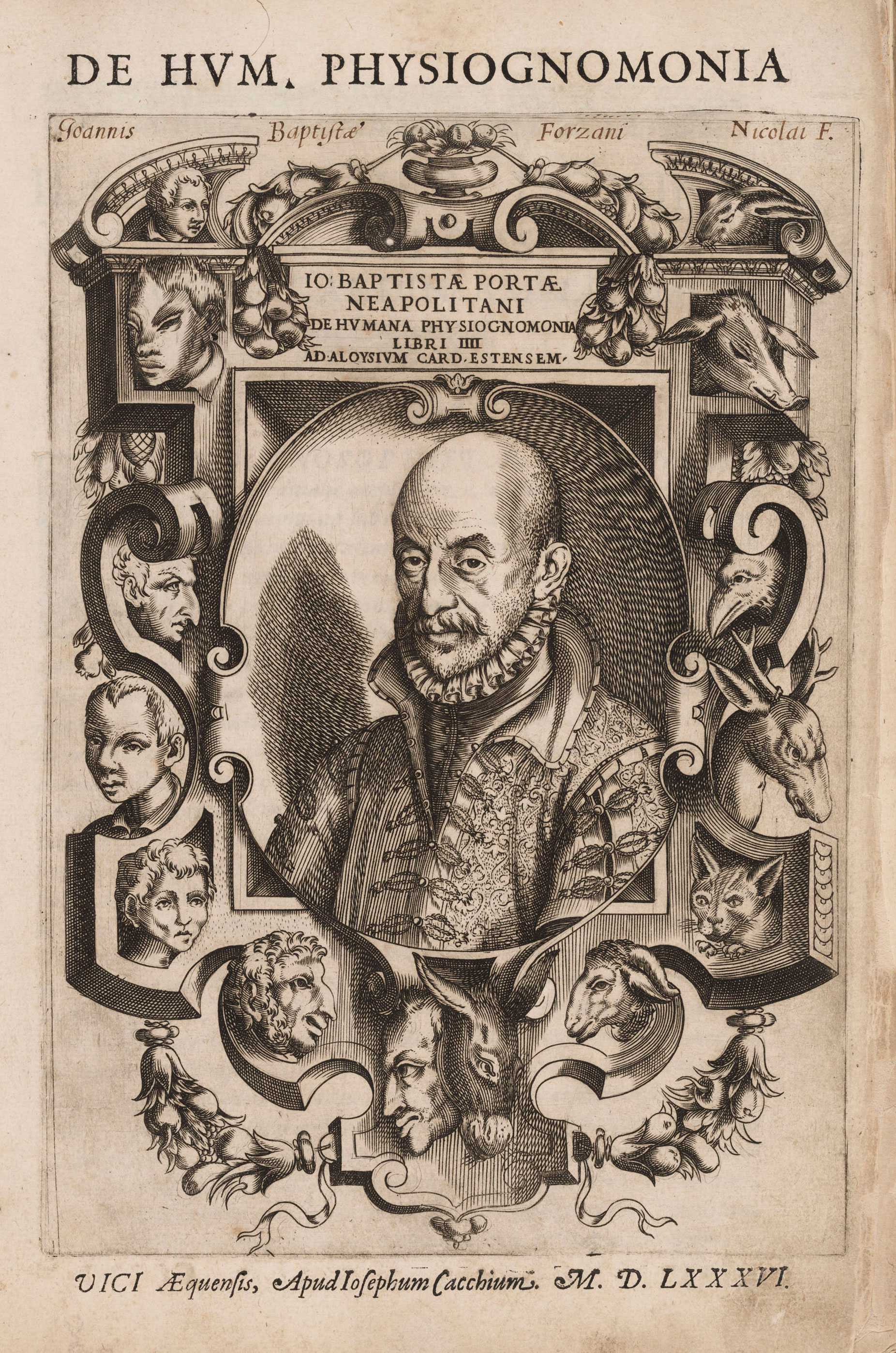 A page from the book De humana physiognomonia with a large illustration of a man surrounded by heads of people and animals.