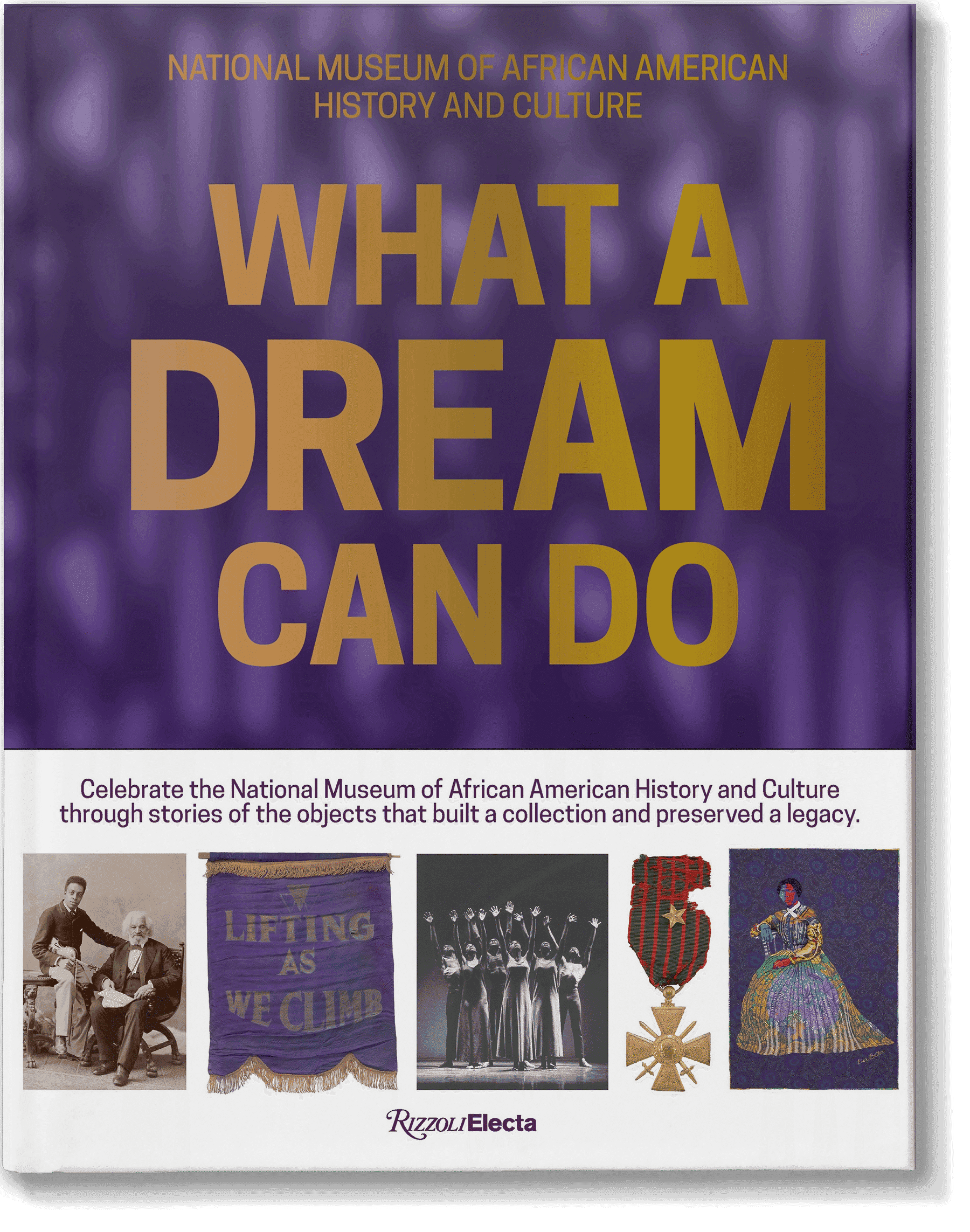 Book Cover from "What a Dream Can Do" from the National Museum of African American History and Culture, featuring the title and a row of collection objects, including photographs, a banner, a performance image, a medal, and artwork.