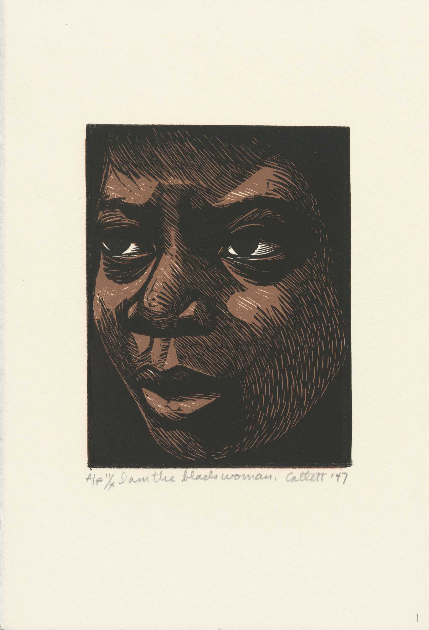 Color linocut of a Black woman's face turned quarter away from viewer.