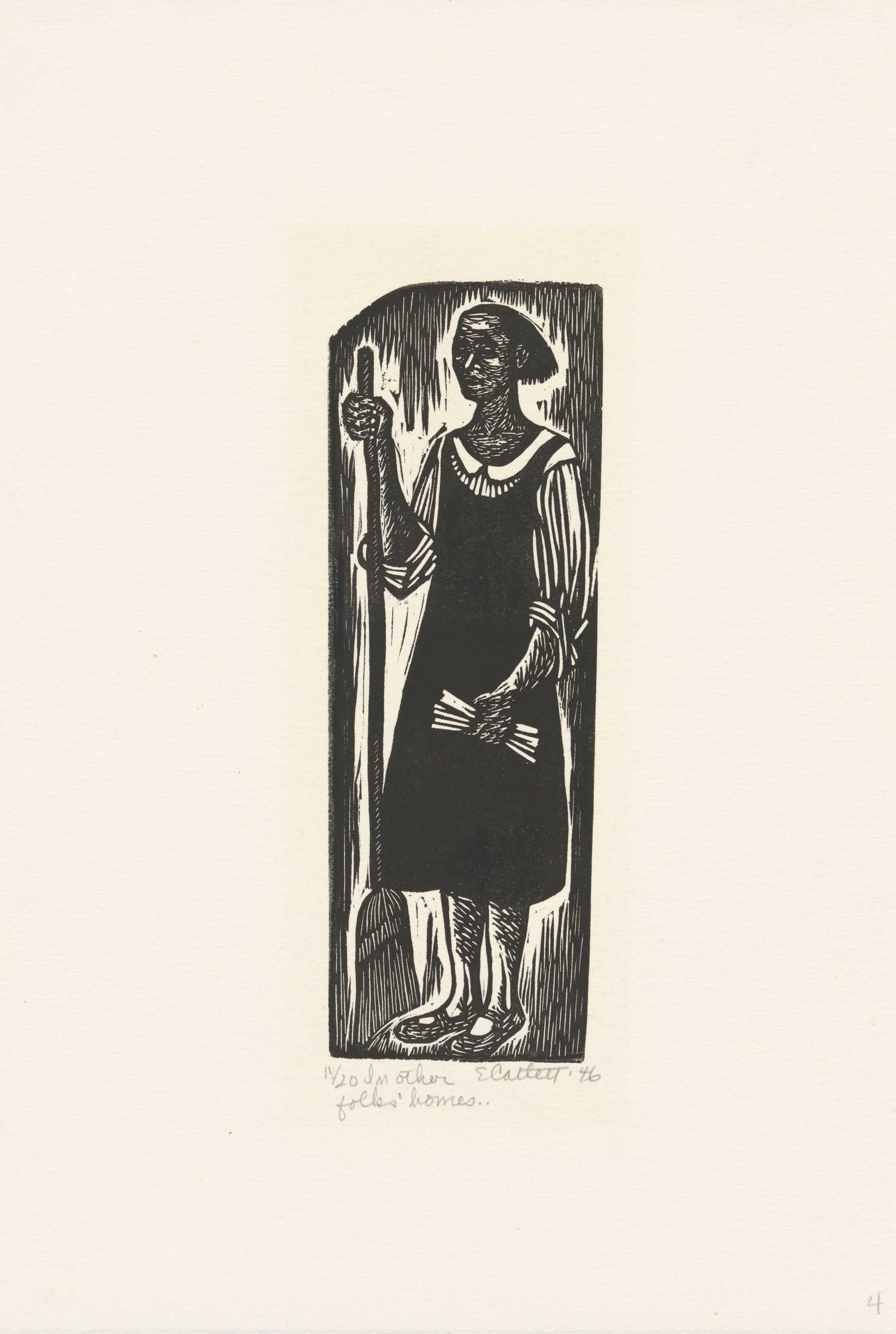 Black and white linocut of woman holding broom, wearing striped shirt under jumper with rolled-up sleeves.