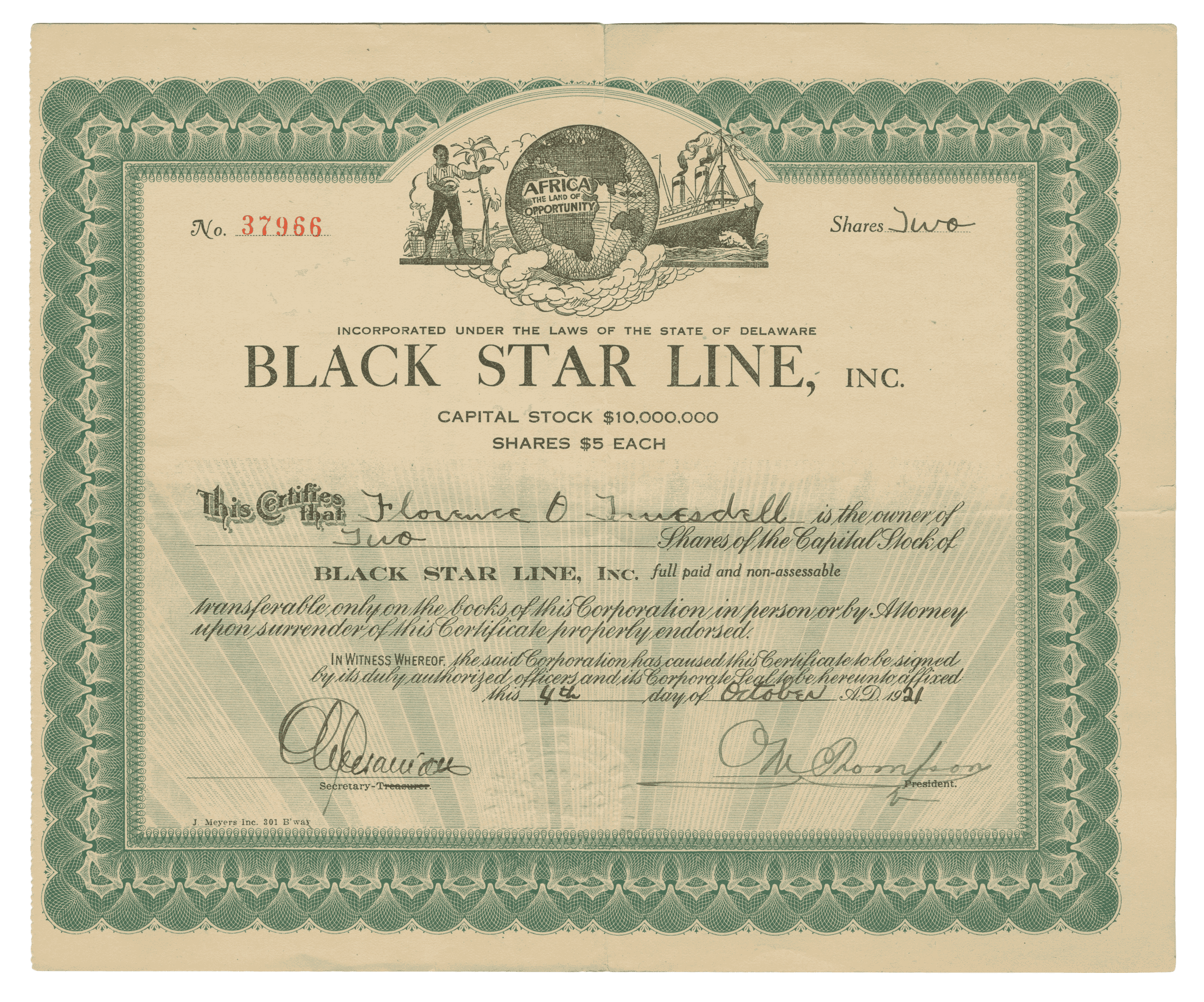 A stock certificate for Florence O. Truesdell for two shares in the Black Star Line, Inc., dated October 4, 1921.