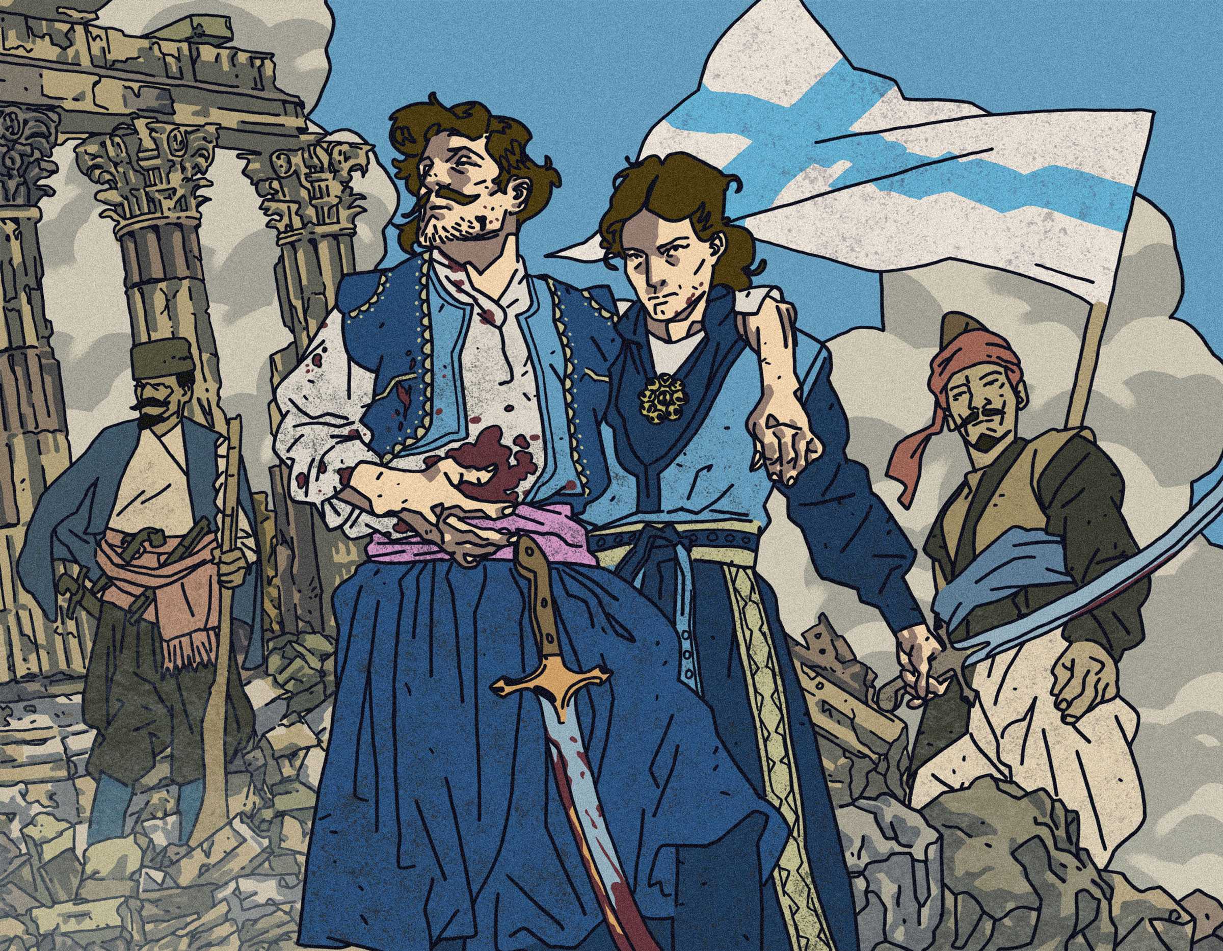 A digital illustration of the Greek Revolution. A soldier helps carry an injured solider against the rumbles of athens.