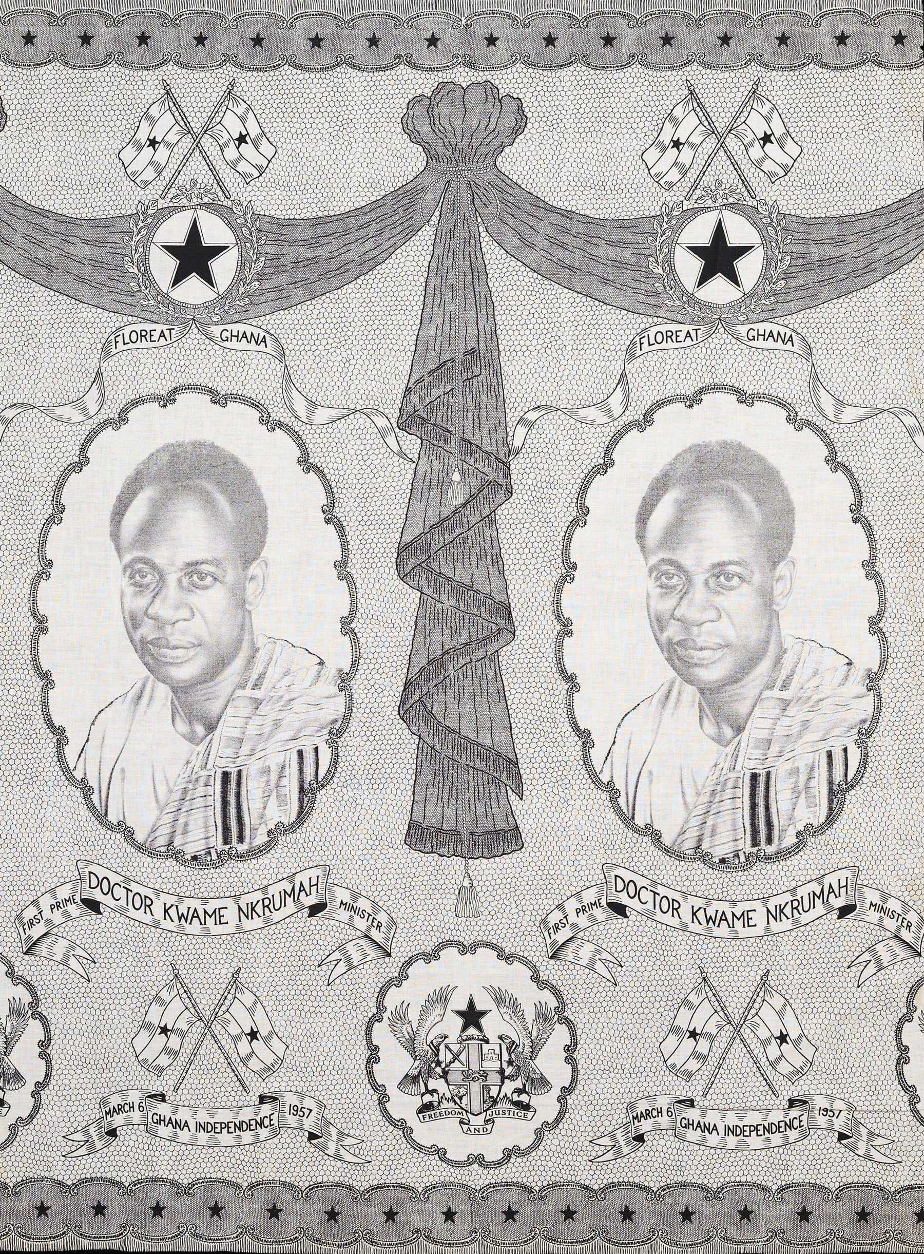 A black and white fabric. 2 portraits of Kwame Nkrumah, ribbons, flags, and Doctor Kwame Nkrumah's name complete the pattern.