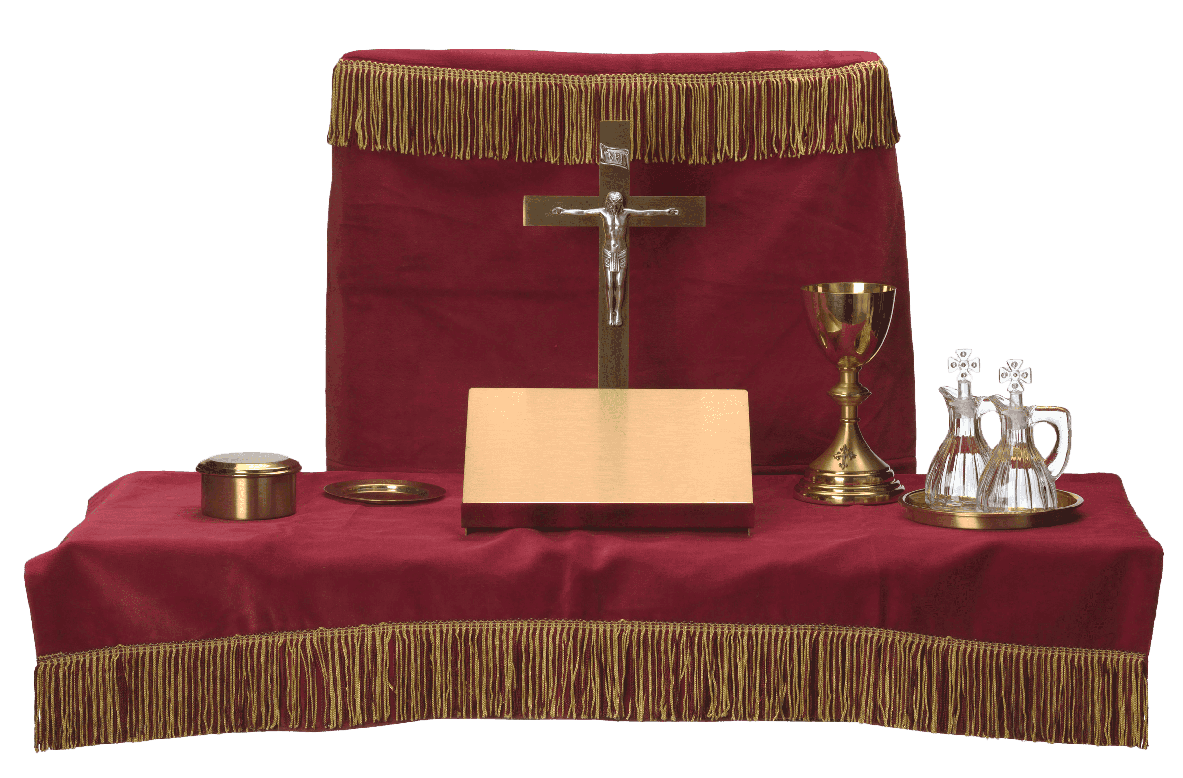 A Chaplain's Kit items like a case, bible stand, crucifix, chalice, host box, paten, cruets and tray, and lavabo towels.