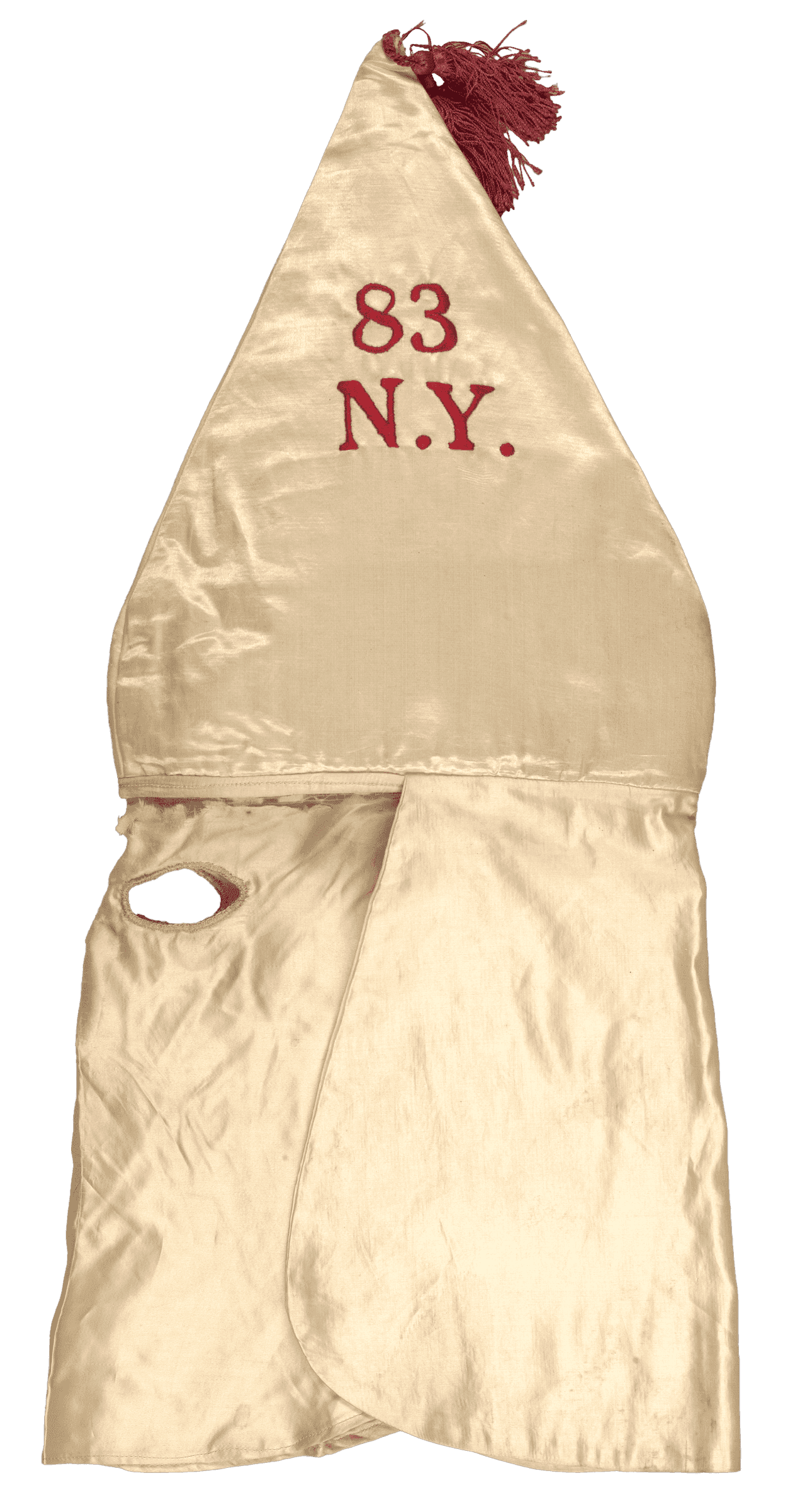 An ivory-colored, conical-shaped KKK hood with a back flap with rounded corners and an attached face mask