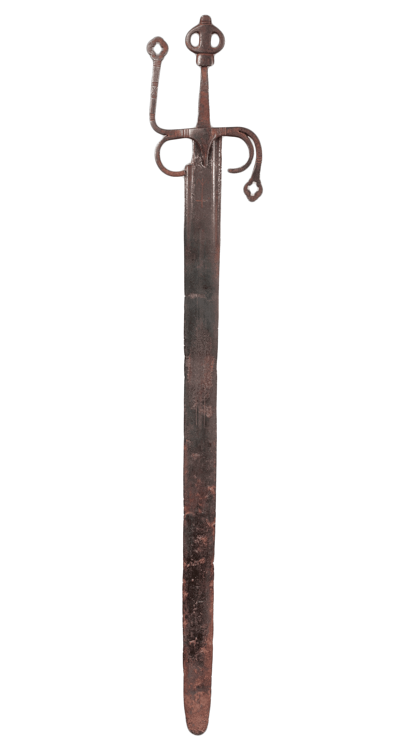 A ceremonial sword that is slightly rused at the bottom. The handle of sword has a loops and cross design.