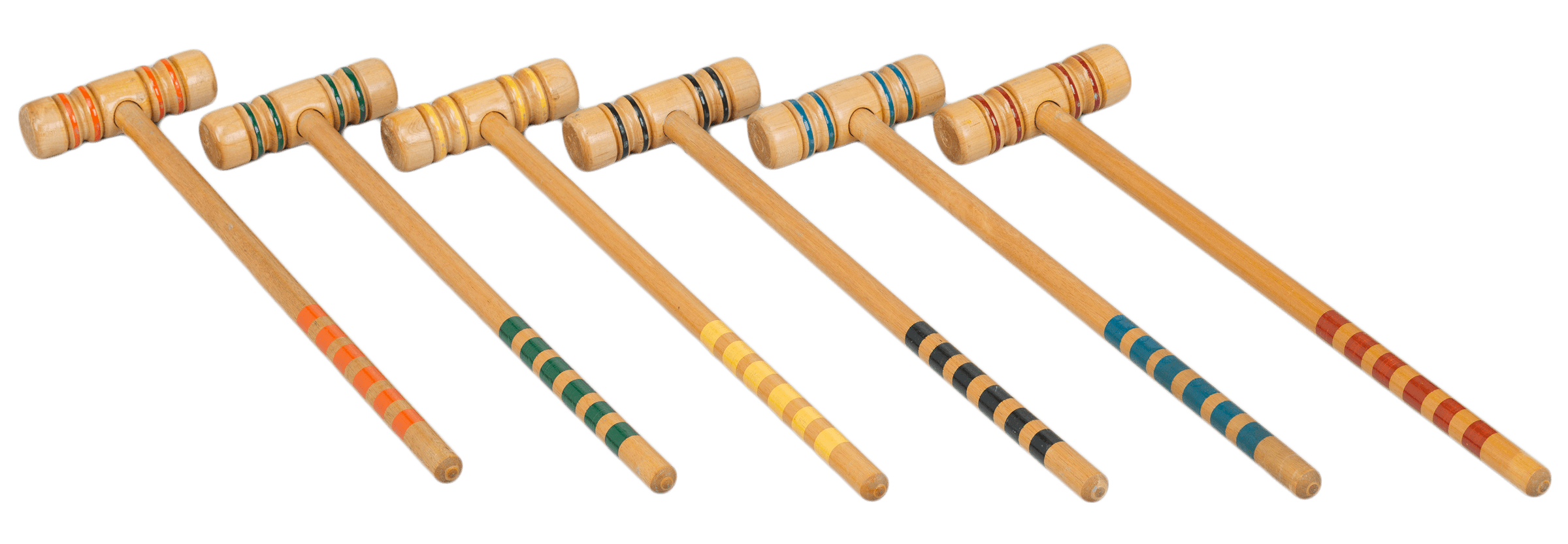 Kourt King croquet game set mallets from Rock Rest Tourist Home. The set has six (6) with different colored striped mallets: orange, green, yellow, black, blue, and red.