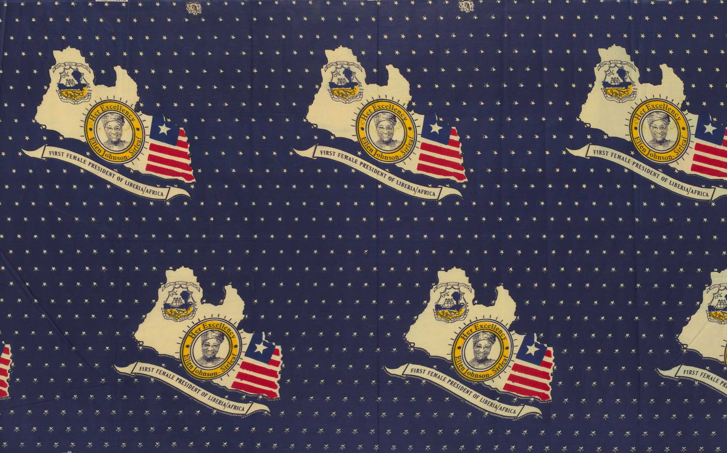 Blue fabric with the face of Liberian president Ellen Johnson Sirleaf is repeated a part of a pattern with small stars.