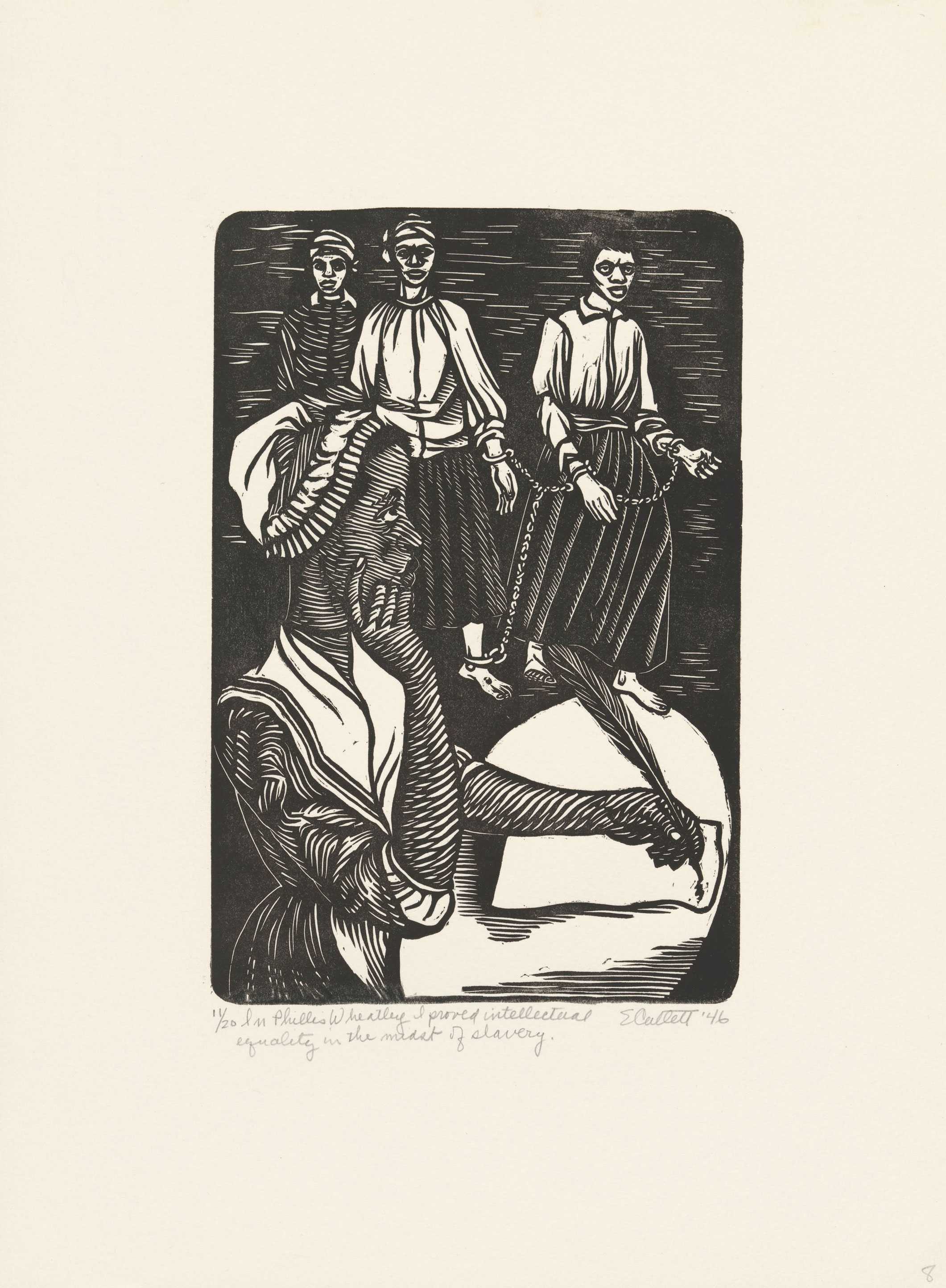 Black and white linocut featuring Phillis Wheatley at desk with quill. 3 barefooted and chained women are in the background.