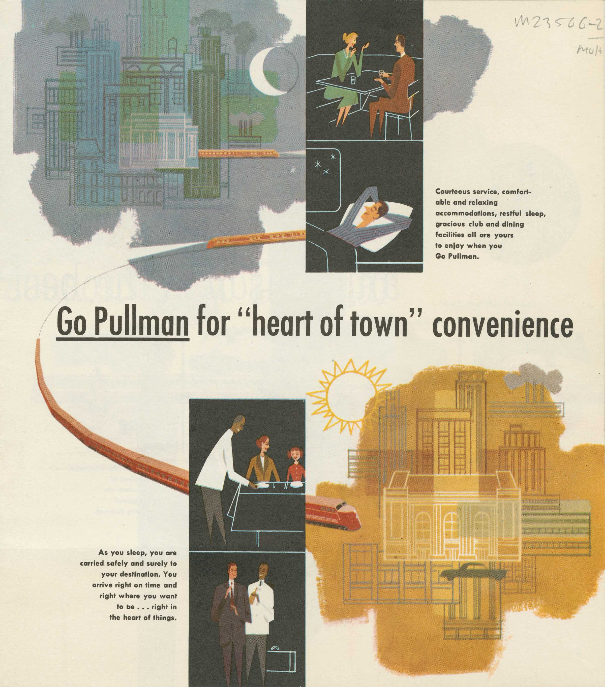 Color illustrated booklet titled Go Pullman promotes Pullman Company's luxurious train travel services.