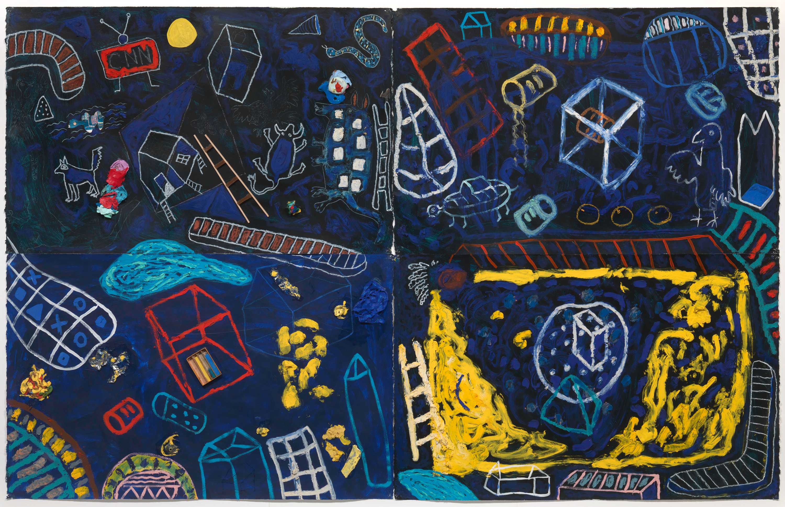 A fractured landscape painting in acrylic and oil on four (4) sheets of paper mounted to board with mixed media. The artwork depicts ladders, houses, geometric shapes, birds, dogs, snakes, and other abstract forms on a cobalt blue background