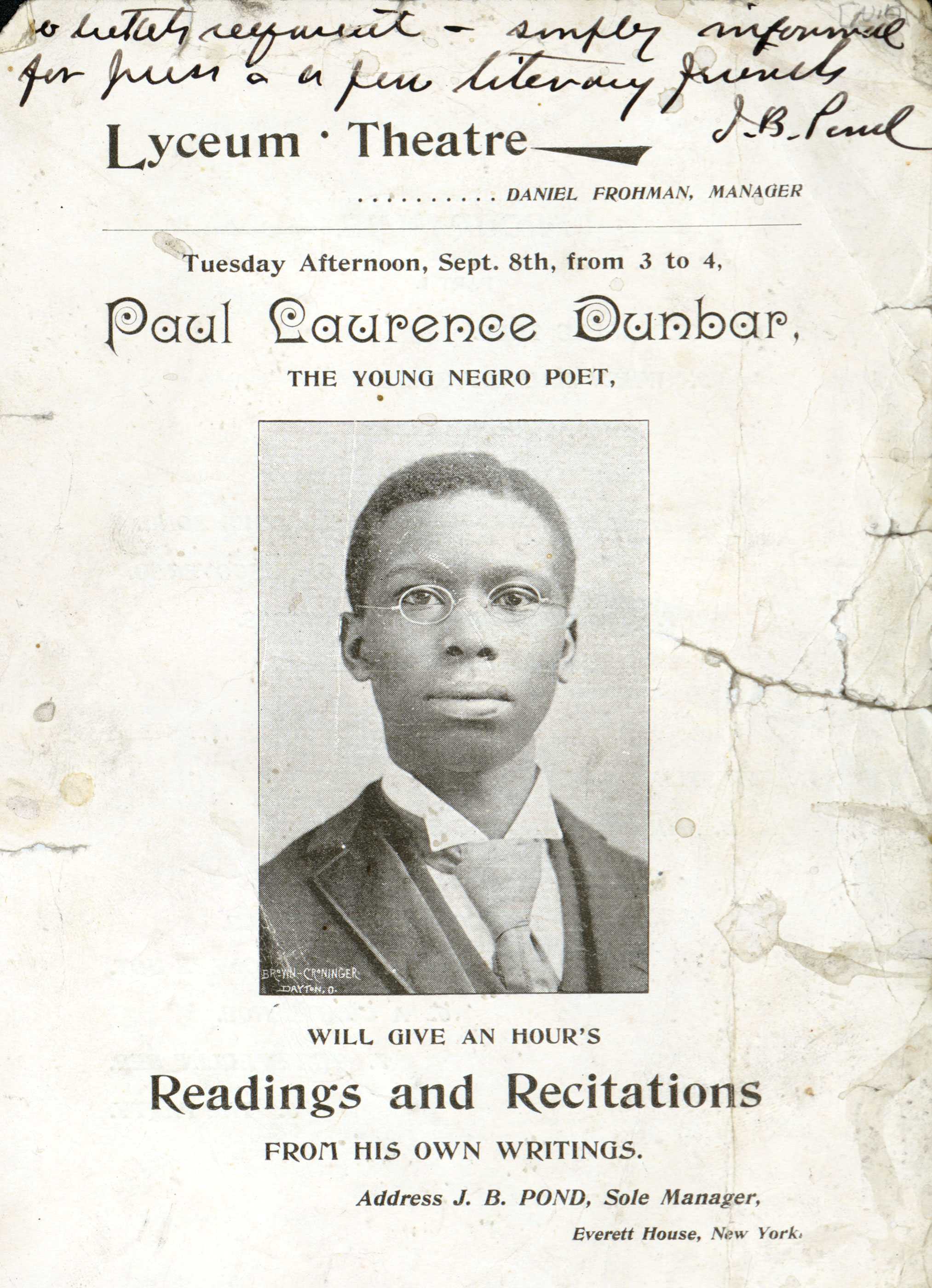 Advertisement for Lyceum Theatre showing a portrait of "Paul Laurence Dunbar"  for his "Readings and Recitations."