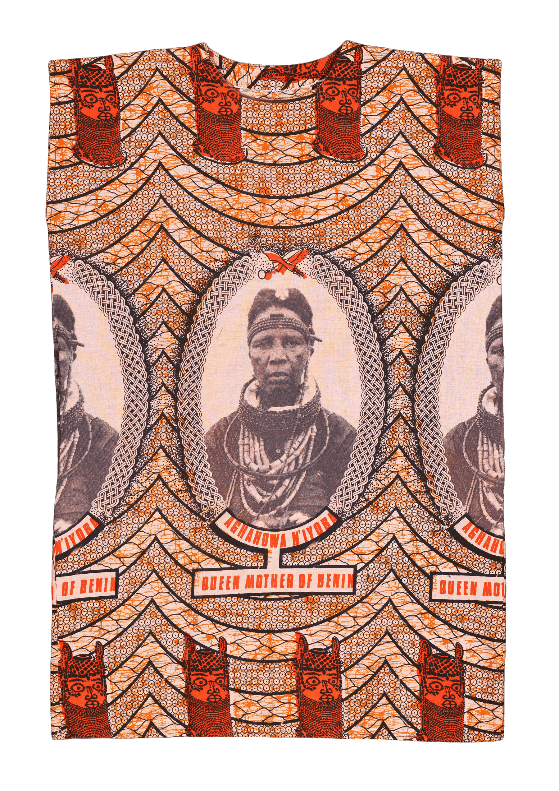 A red and creme kente patterned fabric with a portrait of Aghahowa the Iyoba Queen Mother of Benin.