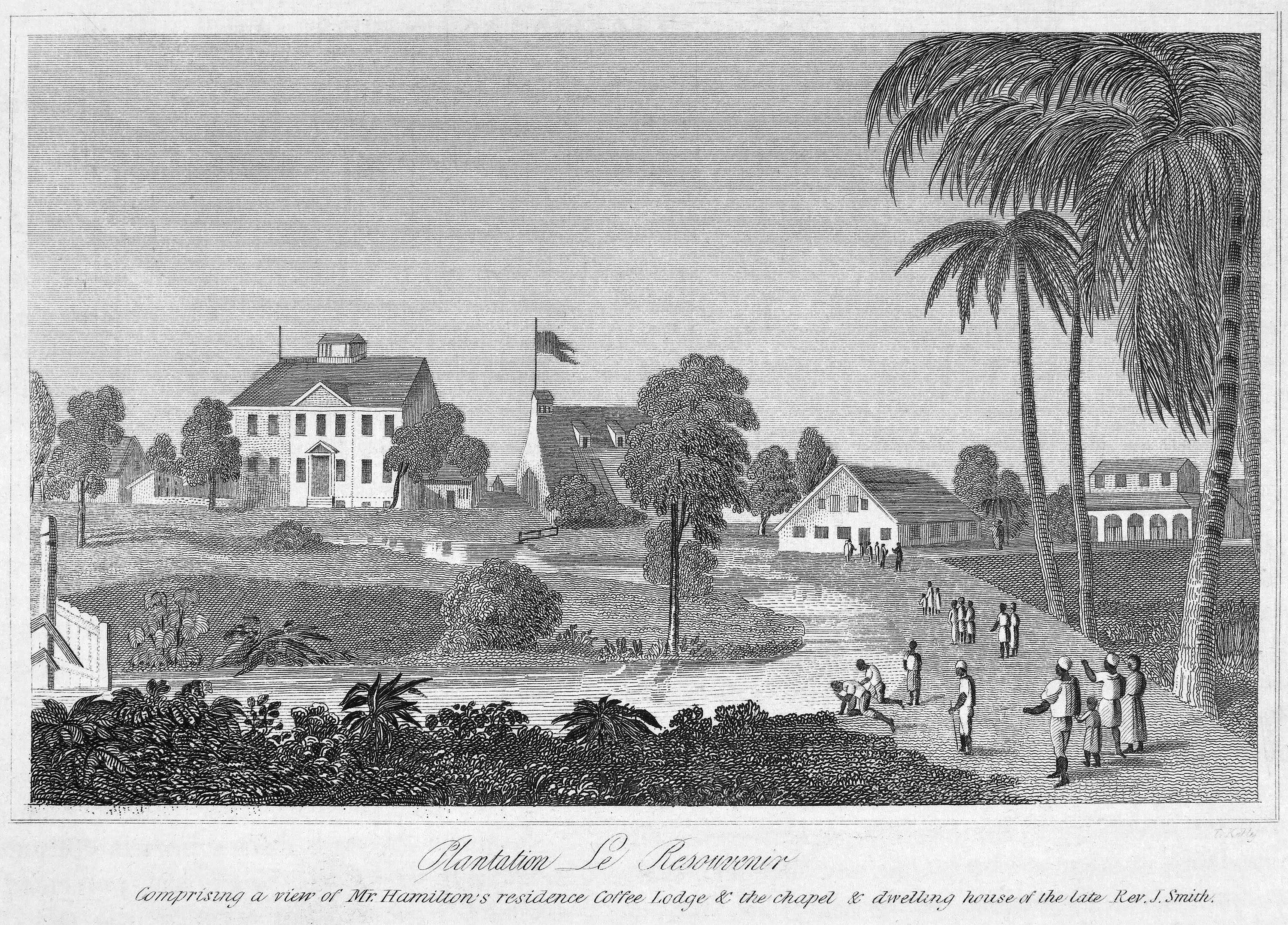 Black and white print showing a plantation house