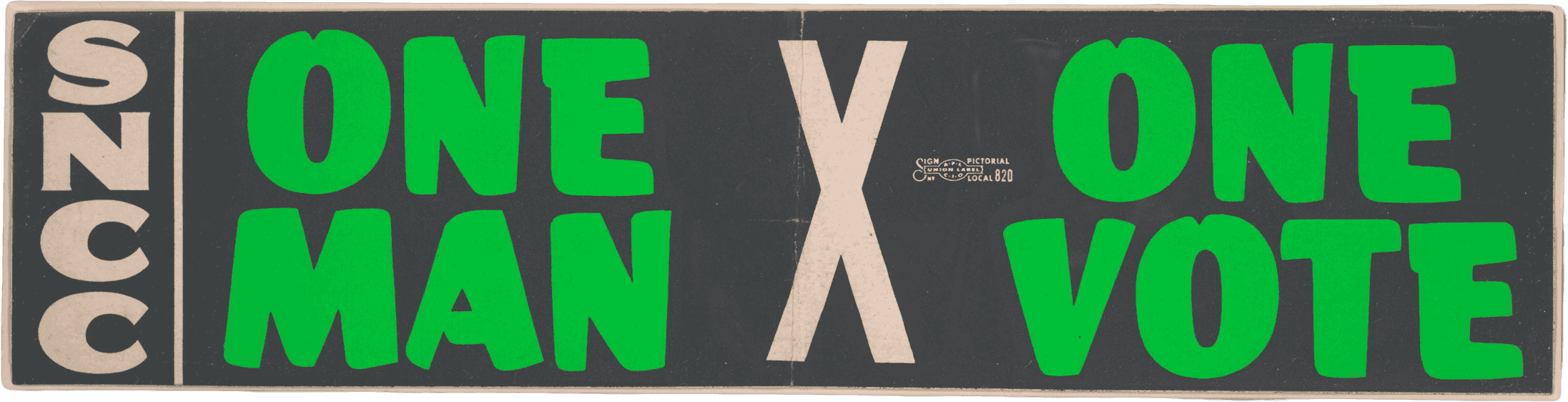 A bumper sticker with green and white text. The main message reads "One Man X One Vote."