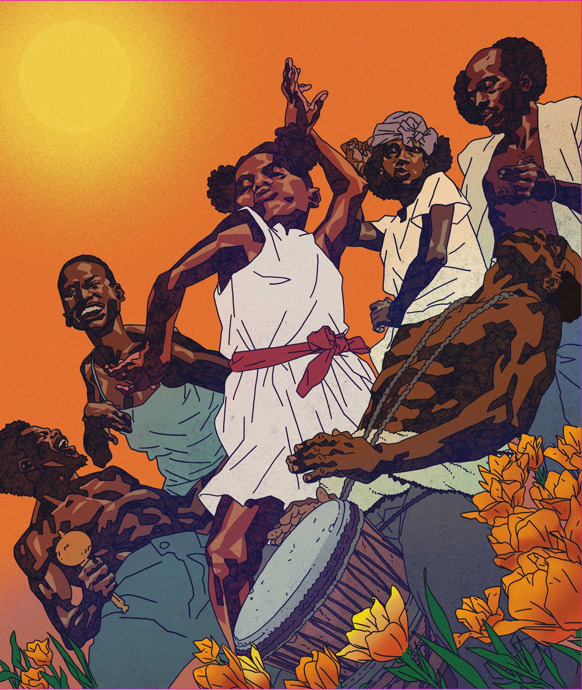 A digital illustration of a Congo Square. A collaged composition of people dancing and drumming against an orange sky.