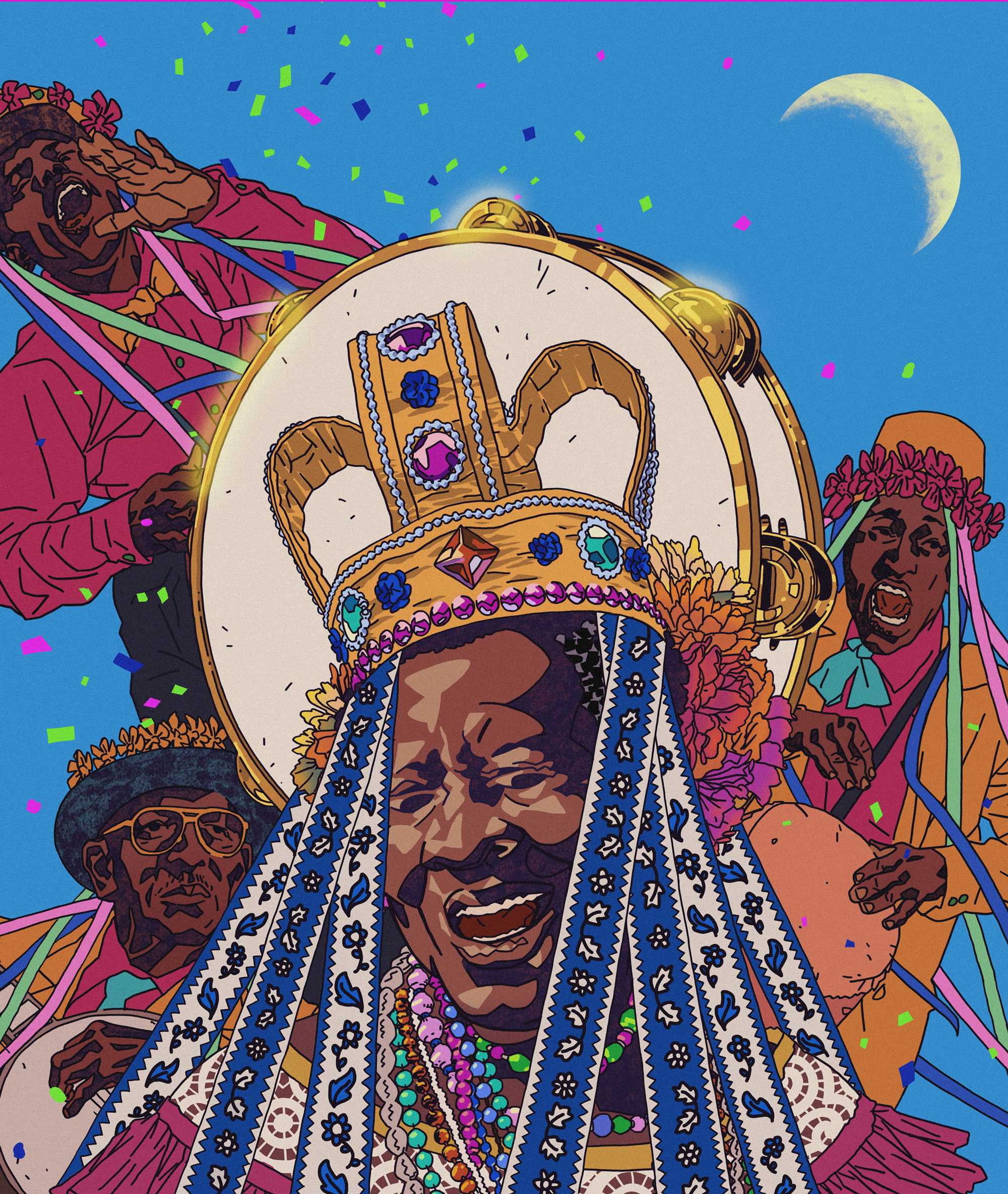 A joyous digital drawing of Black people dressed in celebratory royal clothes, druming and chanting.