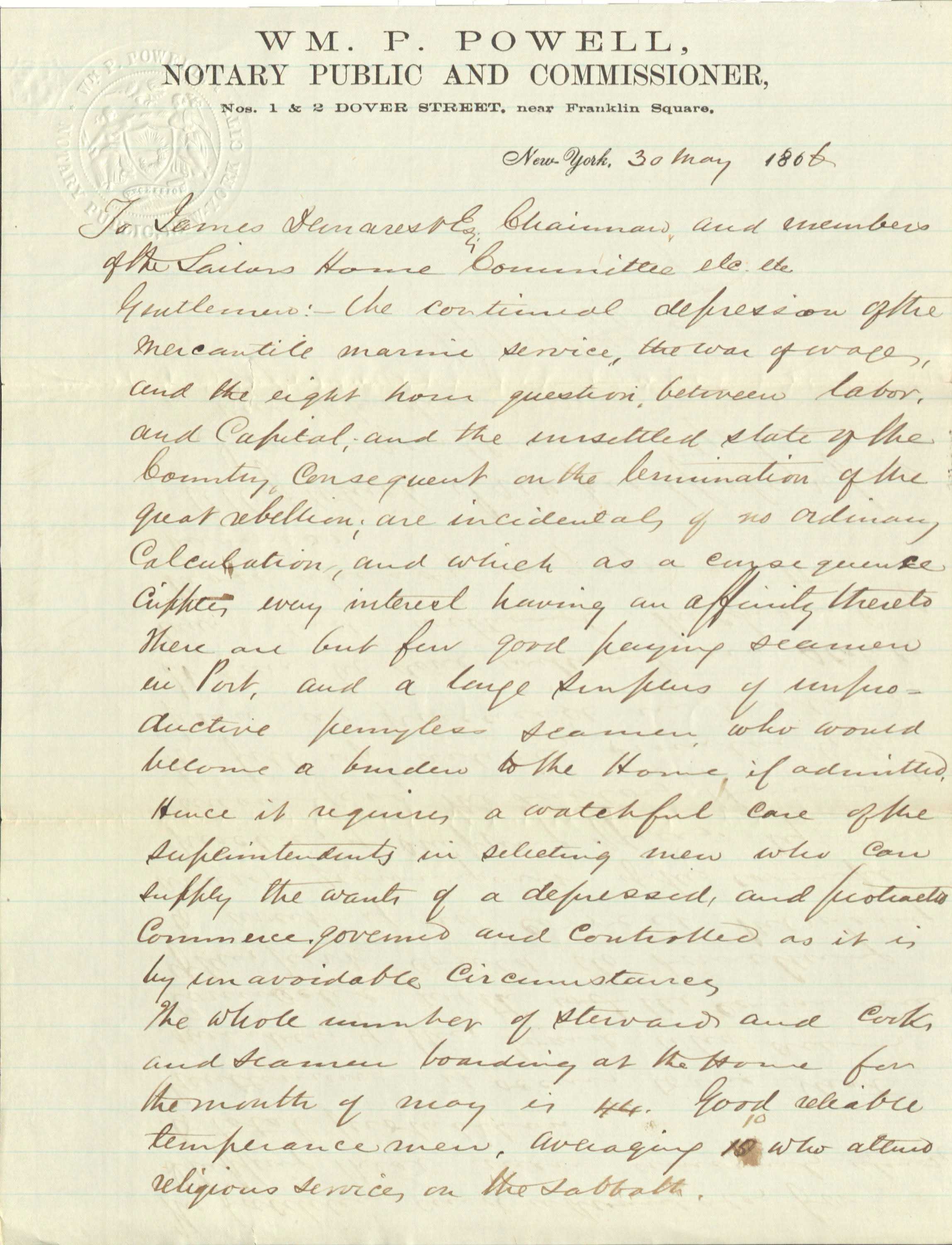 A handwritten letter to American Seamen’s Friend Society. The handwritting is in cursive.