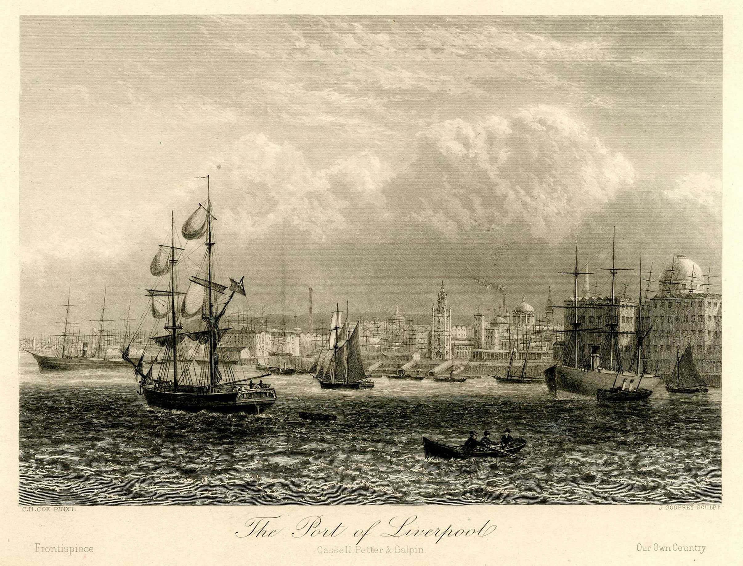 A black and white illustration of the port of Liverpool on a cloudy day. Several sail and row boats in the water.