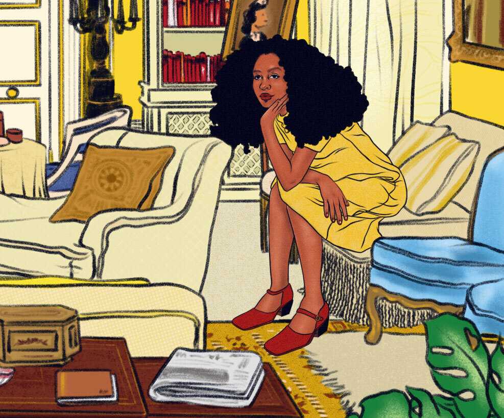 Color illustration of Black woman sitting on beige sofa dressed in a yellow dress that matches the bright yellow walls.
