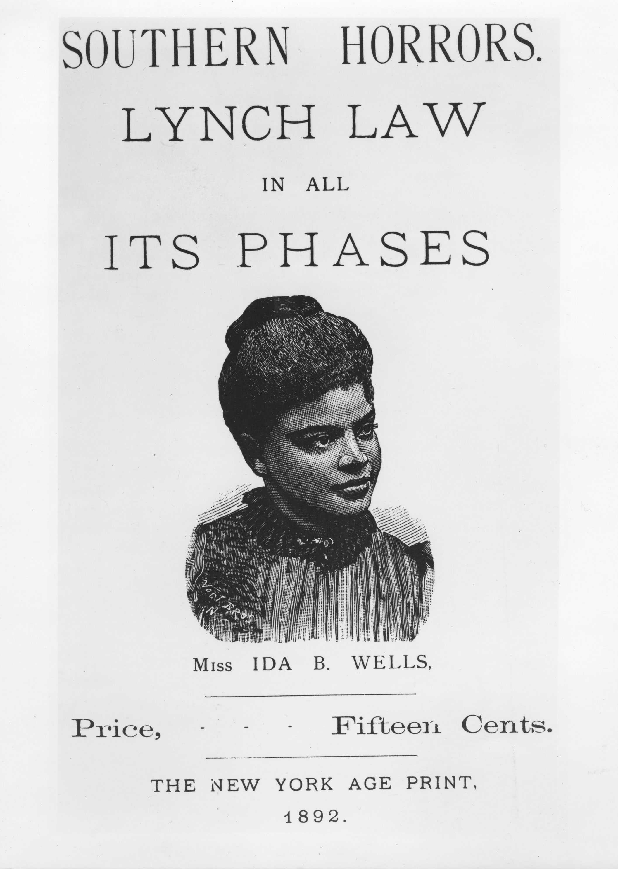 The title page of Ida B. Wells's book "Southern Horrors". It has a sketch of her below the title.