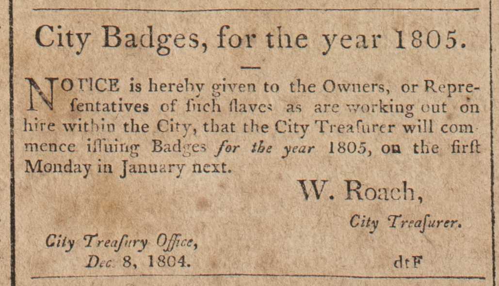Newspaper clipping "City Badges, for the year 1805"
