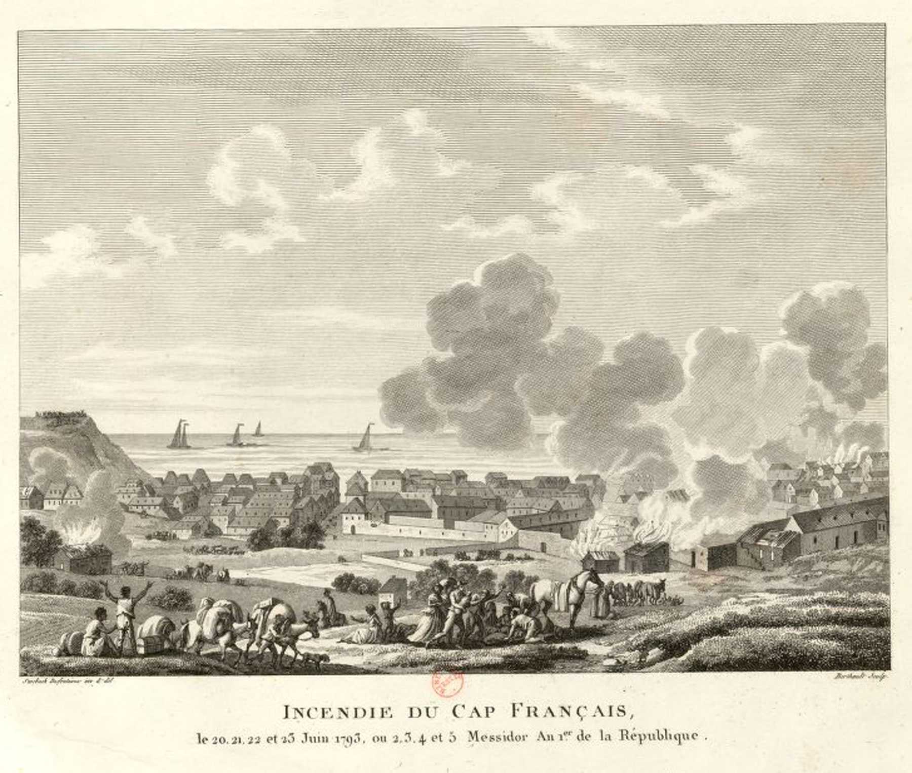 An illustration of  Battle of Cap-Français. Houses are on fire in the distance whole a group of rebels fled the city.