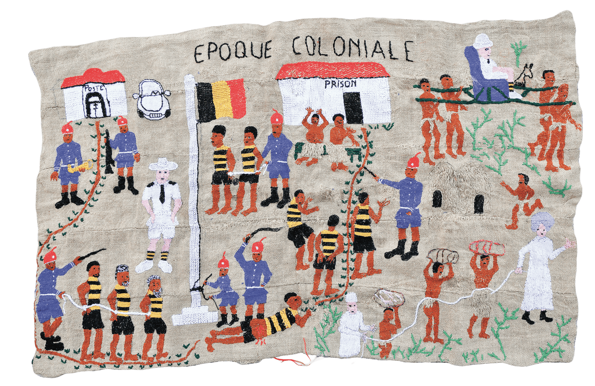 A cross stitched burlap art piece with multiple scenes of colonialism, imprisionment, and slavery.