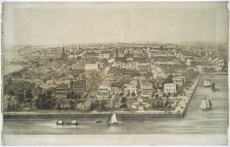 Lithographic print showing city of Charleston, South Carolina.  The  city is surrounded on three sides by water.  THere are boats in the water.