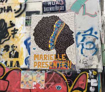 A mural collage of Marielle Presente