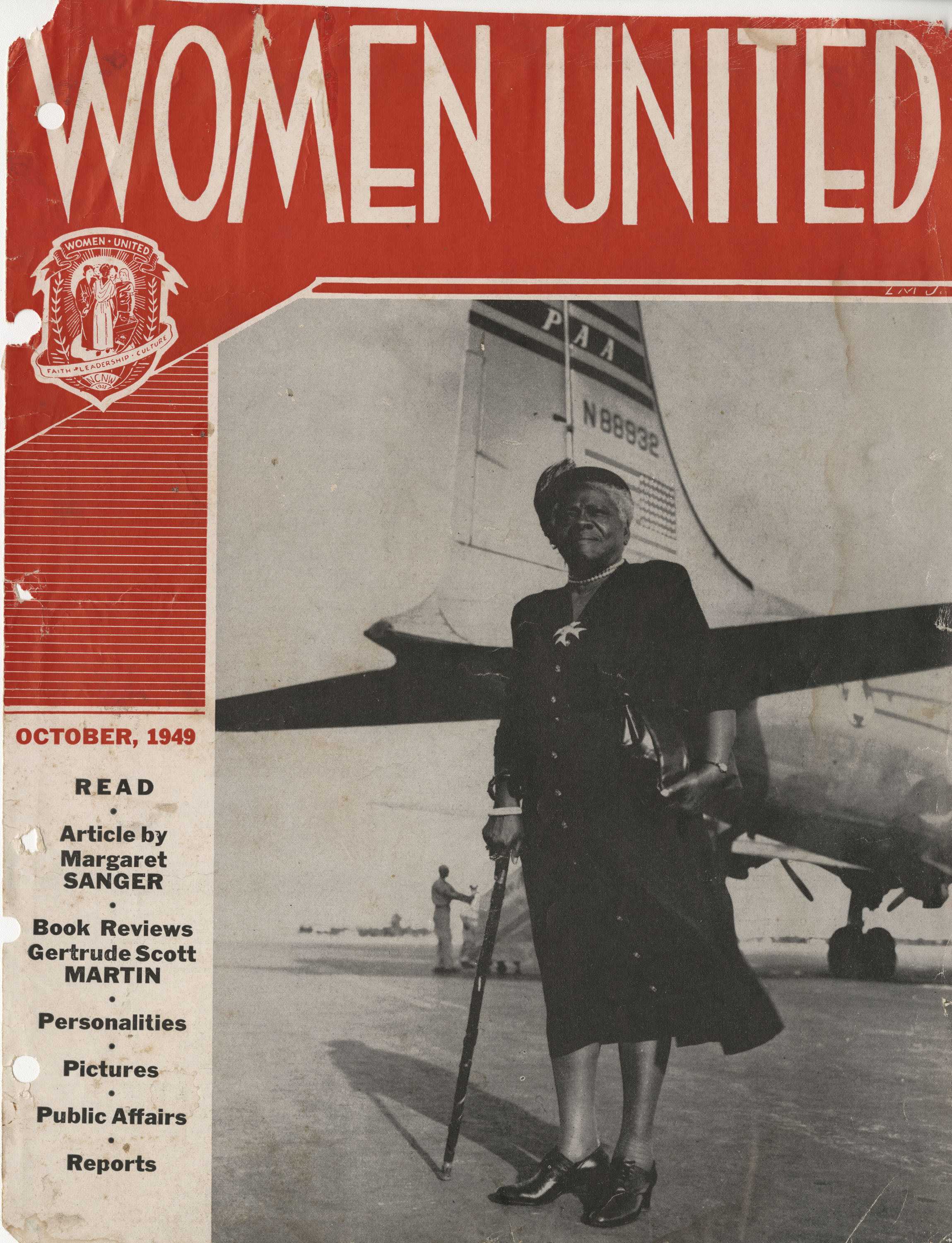 Cover of periodical "WOMEN UNITED" showing woman standing on an airport runway behind an airplane.  The woman is holding a walking stick as she looks to her left.