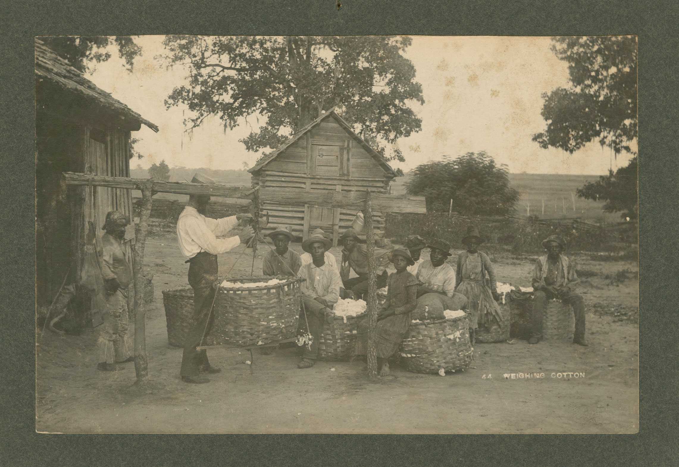 An albumen print on cabinet card of a group of people weighing cotton.