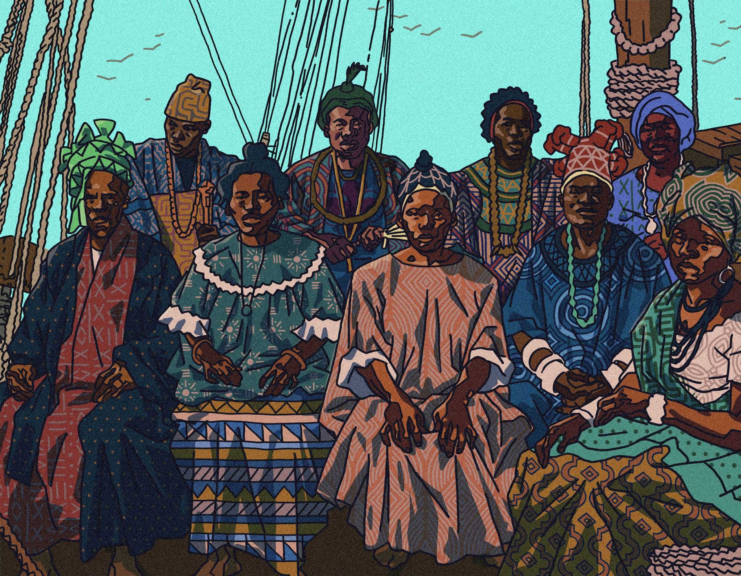 A digital illustration a Palo Mayombe ritual. People are seated burning some sage with African masks hanging behind them.