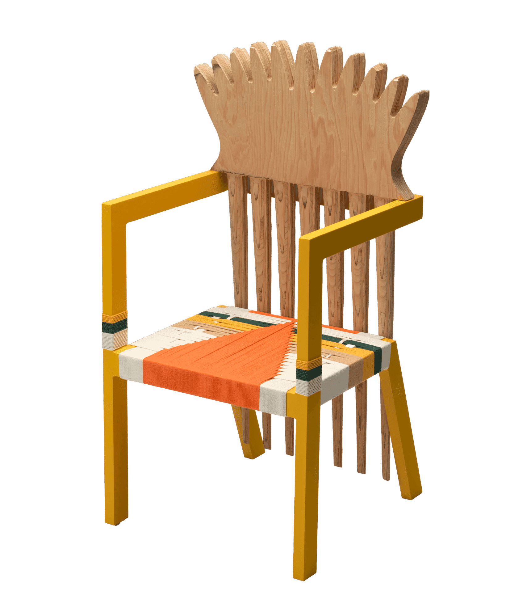 Wooden porch chair with chairback that looks like an Afro pick but with a crown like top