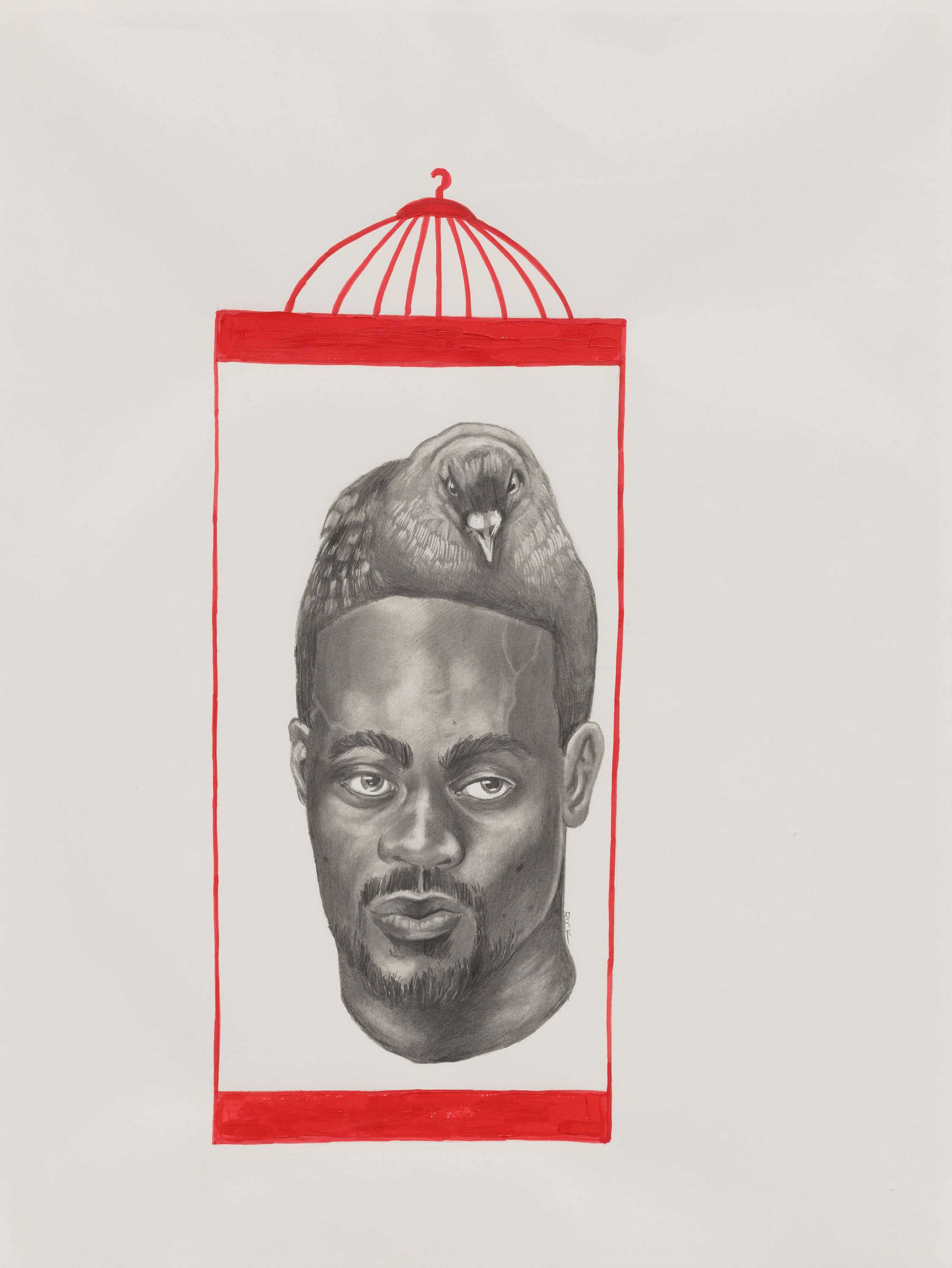 A mixed media portrait of a man with a pigeon emerging from the top of his head, framed in a red birdcage shape. The man from the neck up, with a mustache and goatee.