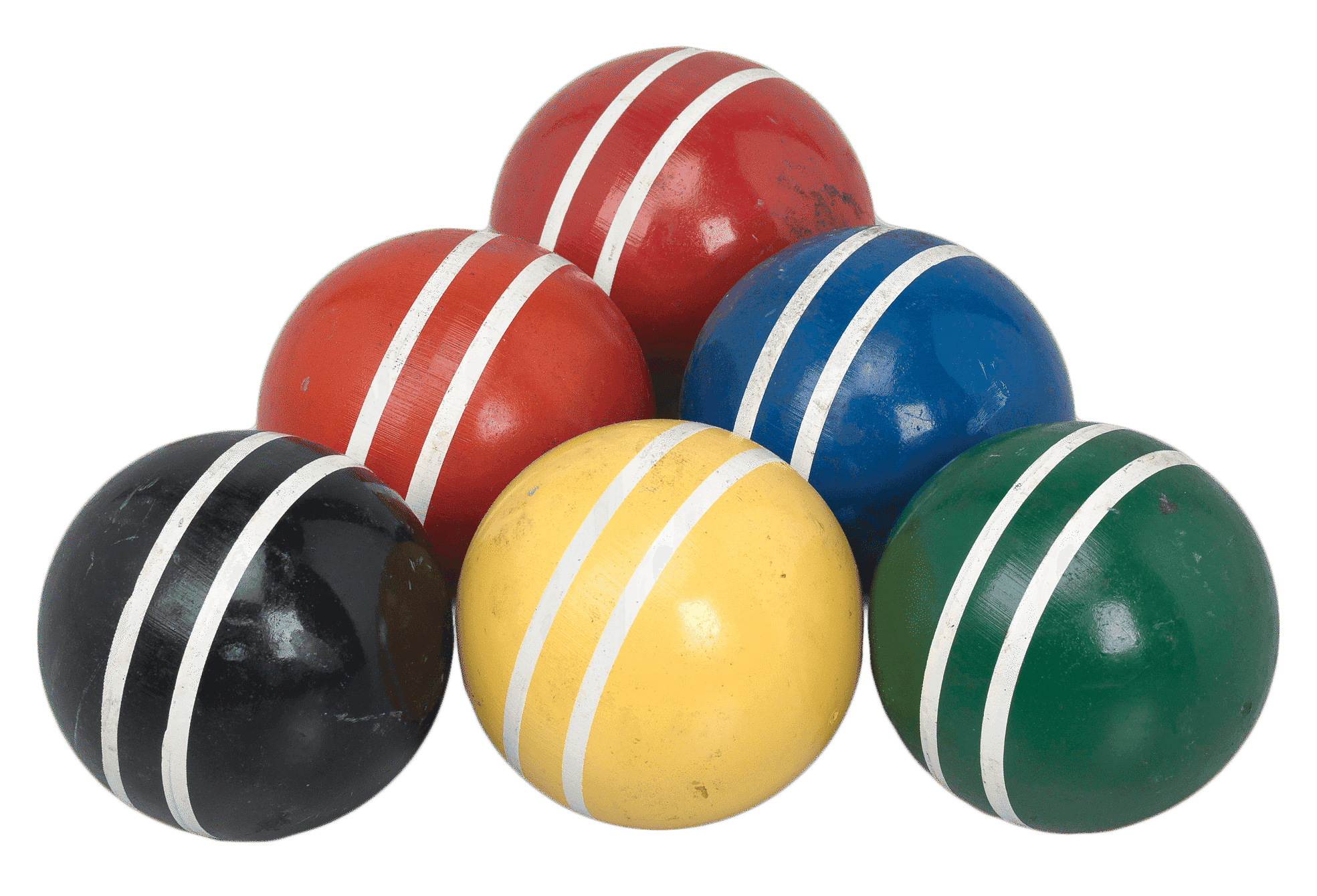 Kourt King croquet game set balls from Rock Rest Tourist Home. The set has six (6) different colored balls: red, orange, blue, black, yellow, and green.