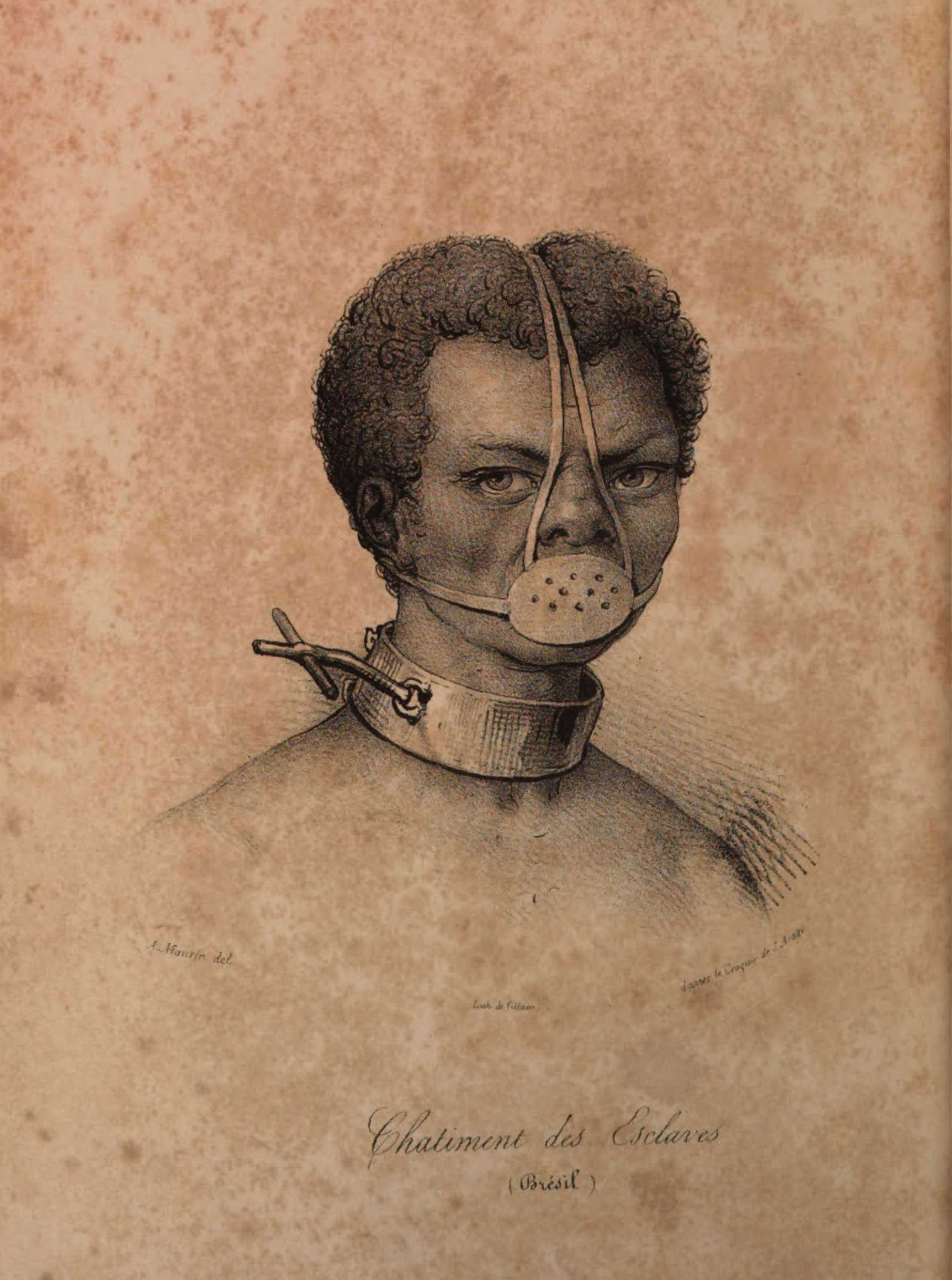 An illustration of Escrava Anastacia with an iron mask over her mouth and metal collar around her neck.