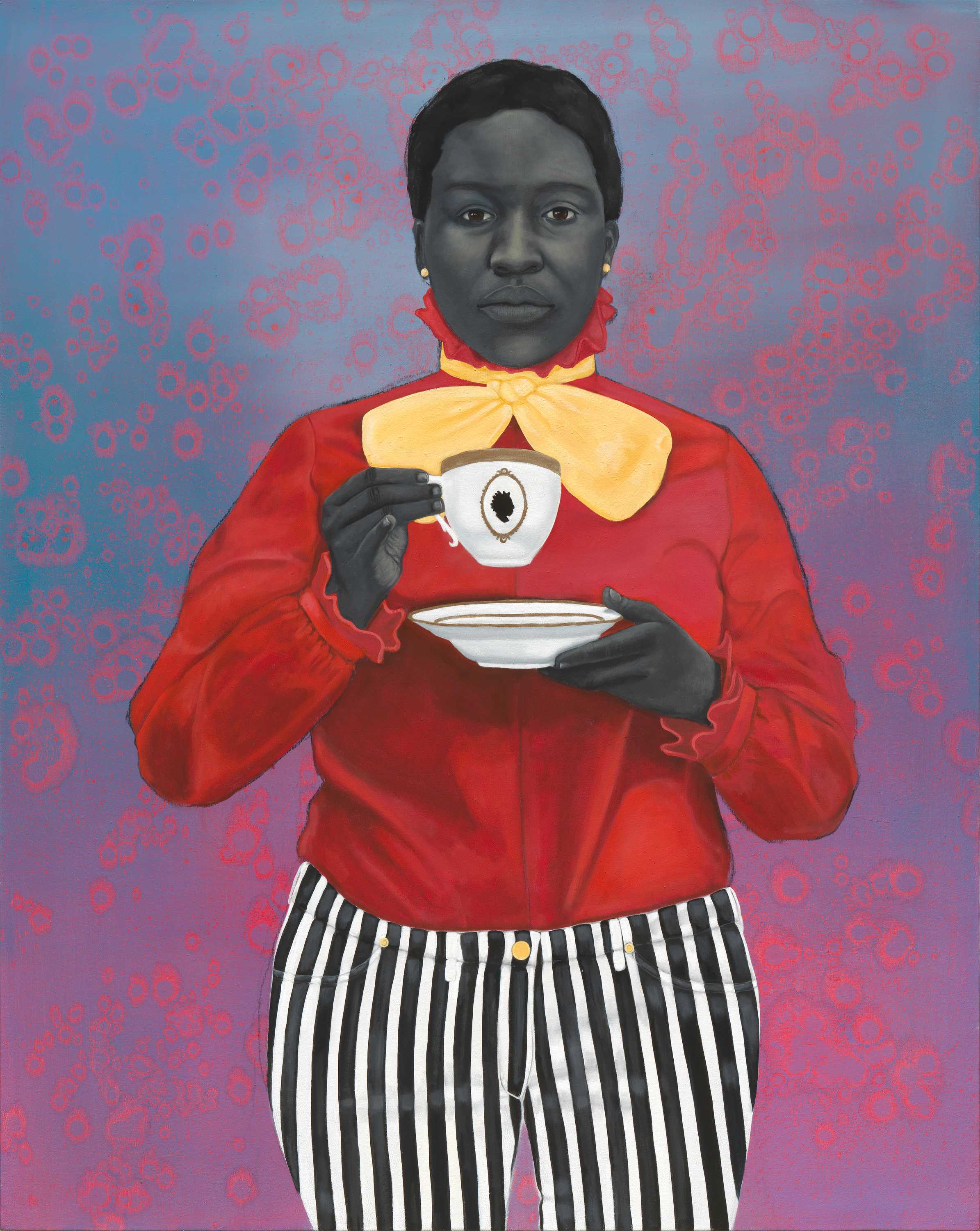 Three quarter length oil painting portrait of a woman with closely cropped hair holding a teacup and saucer decorated.  She is dressed in a high necked red blouse with a yellow scarf. She also wears a black and white stiped pants.