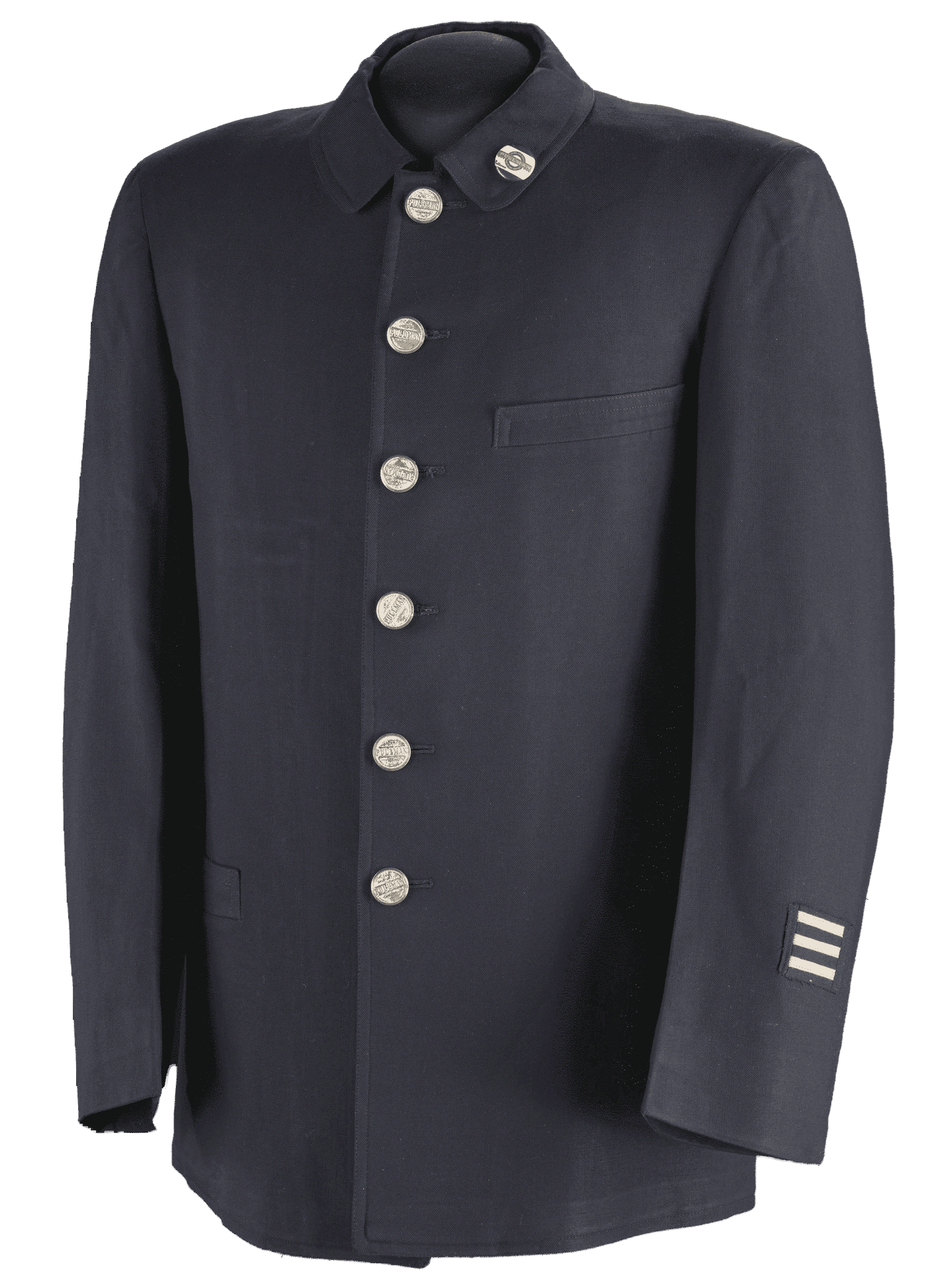 A dark blue waist coat with metal buttons.