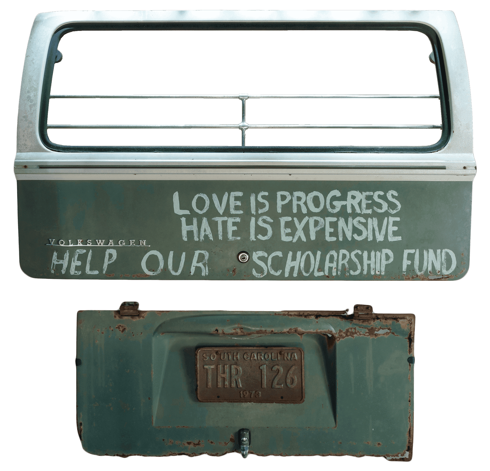 The rear lift panel to a 1966 Volkswagen Transporter microbus used by Esau and Janie B. Jenkins for the Progressive Club on John's Island, South Carolina.  Painted below the window with white paint is the motto “LOVE IS PROGRESS / HATE IS EXPENSIVE” and "HELP OUR SCHOLARSHIP FUND."