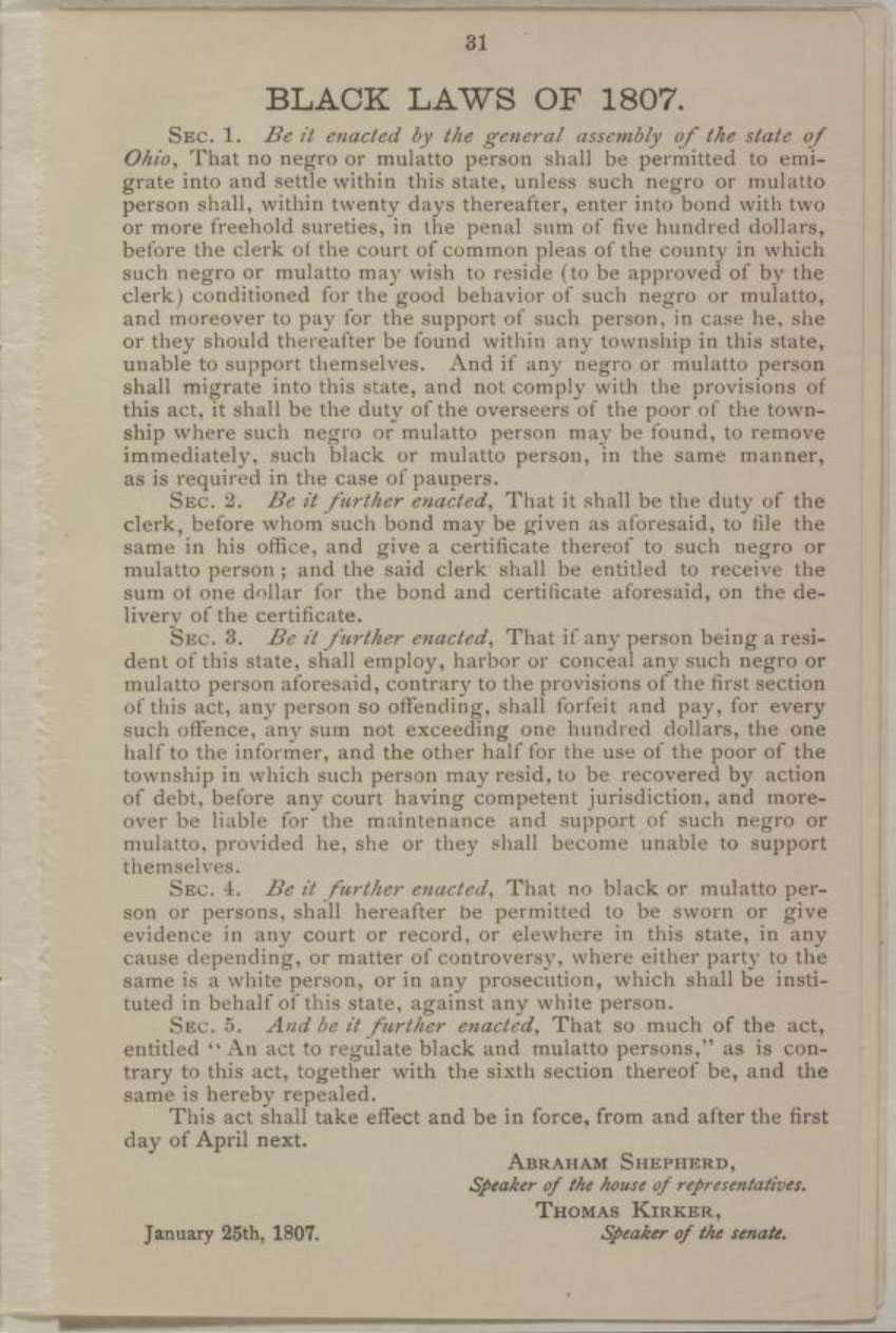 A page titles "BLACK LAWS" from a speech. At the end, it is dated and list the names of the Speaker of the House and Senate.