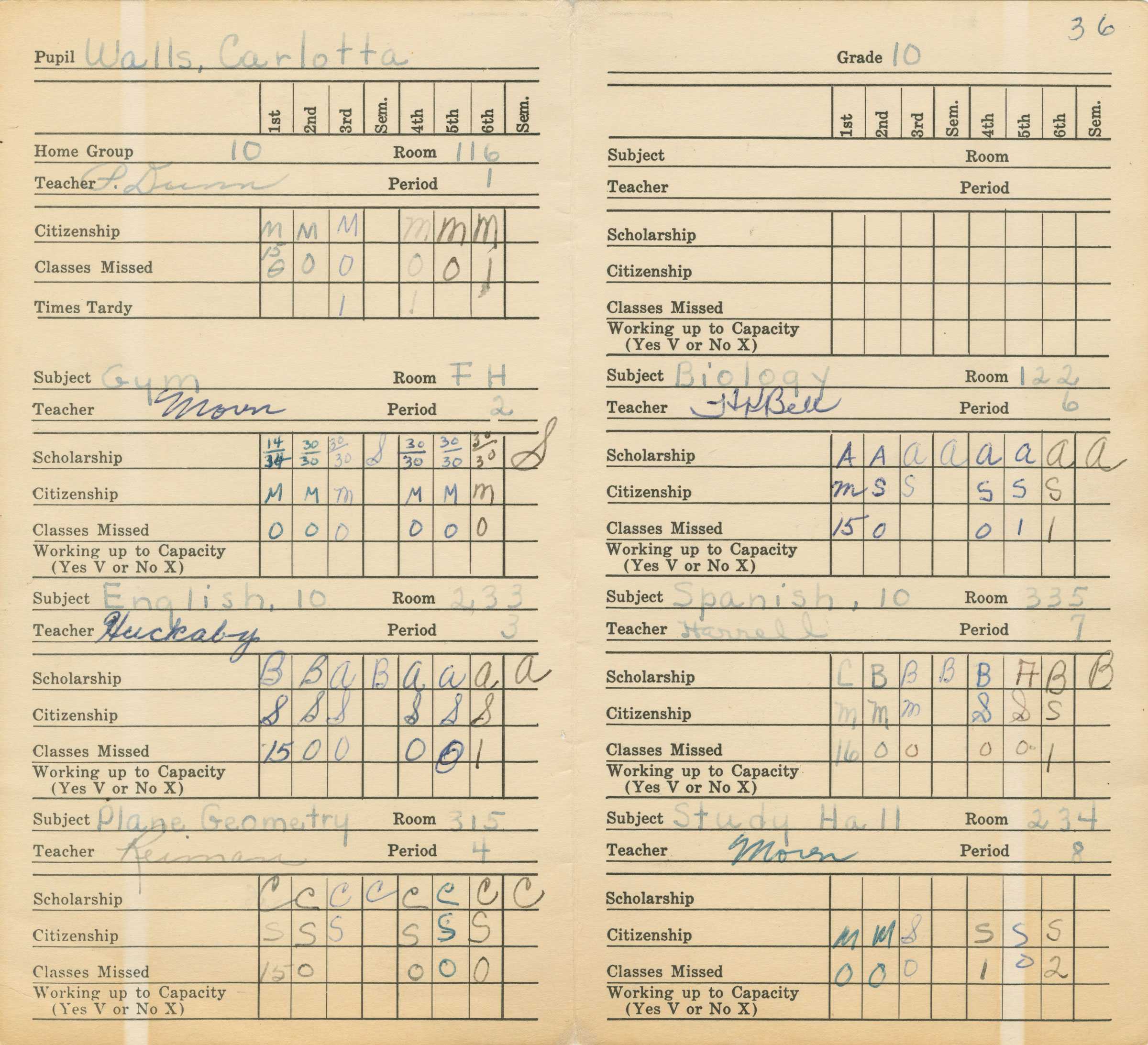 Carlotta Walls' 10th grade report card from Little Rock High School. The folded card features a pre-printed form filled with handwritten blue ink, graphite, and black ink stamps.